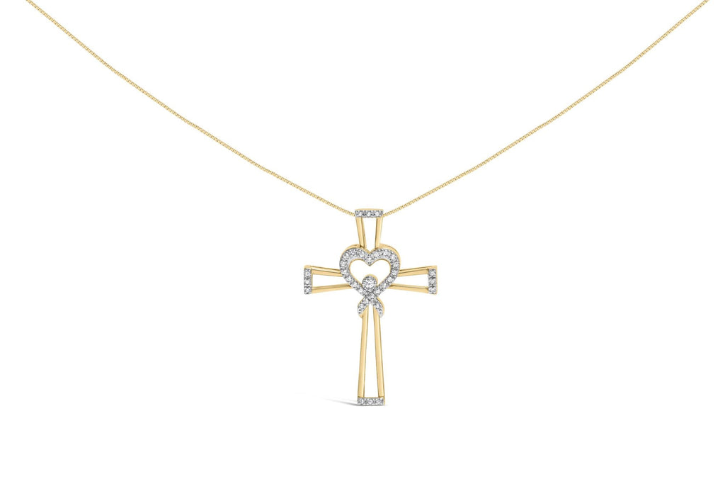 14K Yellow Gold Plated .925 Sterling Silver 1/6 Cttw Diamond Interlocking Heart and Ribbon Cross Pendant Necklace (H-I Color, I2-I3 Clarity) - 18" Inches - Friggin Jewelry