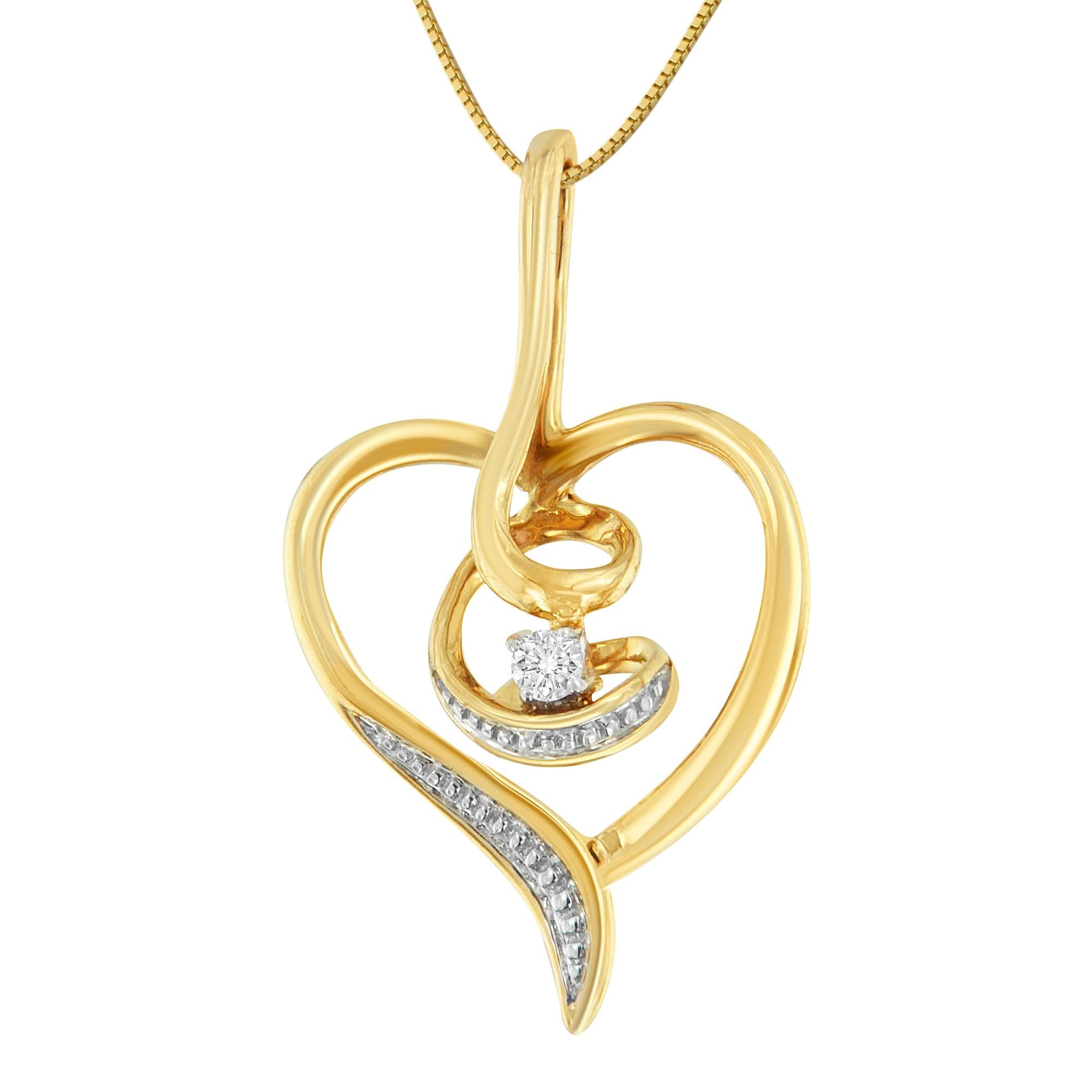 Espira 10K Yellow Gold .03 Cttw Diamond-Accented Round-Cut Diamond Swirl Open Heart 18" Pendant Necklace (I-J Color, I2-I3 Clarity) - Friggin Jewelry