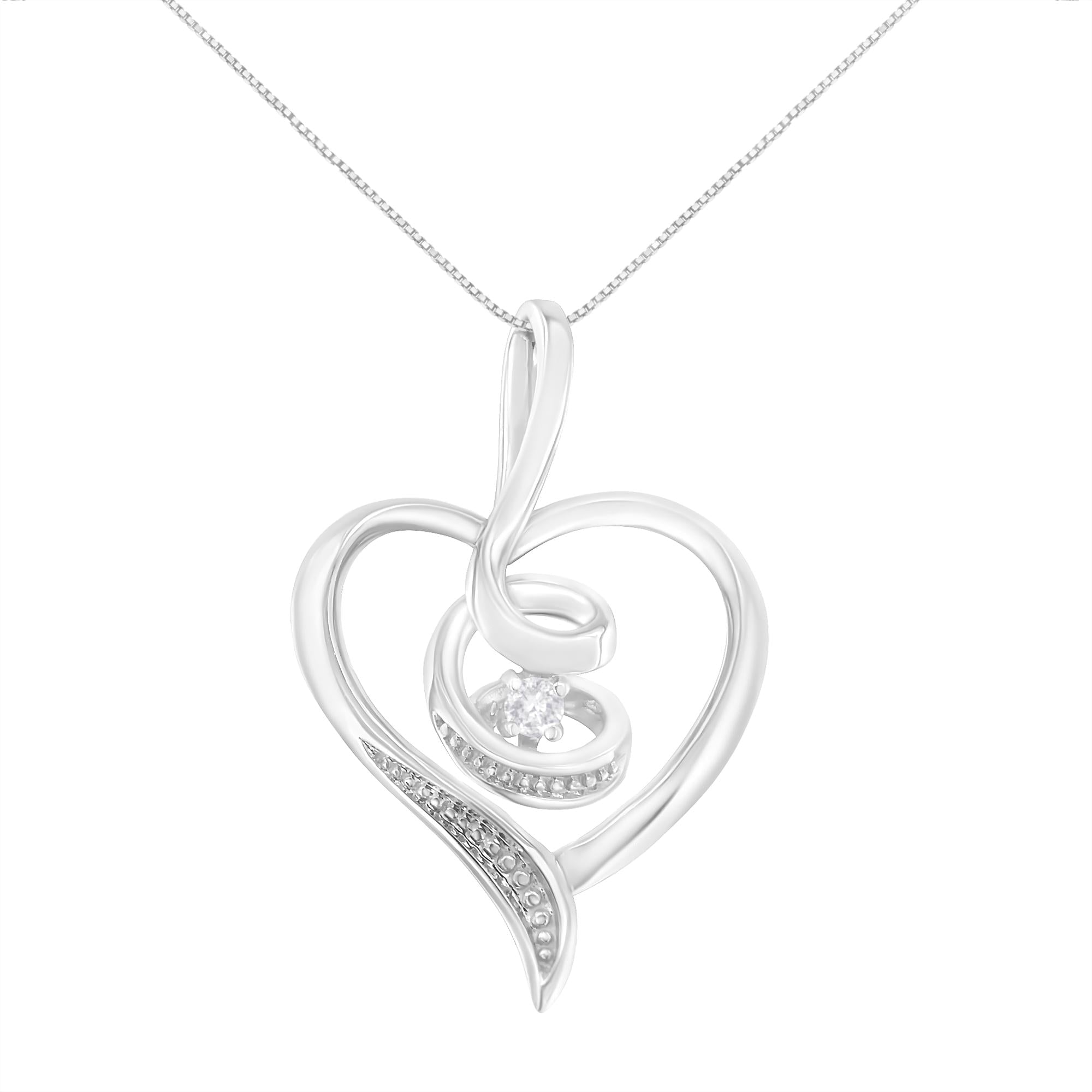 Espira 10K White Gold .03 Cttw Diamond-Accented Round-Cut Diamond Swirl Open Heart 18" Pendant Necklace (I-J Color, I2-I3 Clarity) - Friggin Jewelry