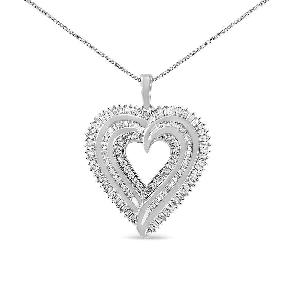 .925 Sterling Silver 1 1/2 Cttw Baguette Diamond Composite Heart 18" Inch Pendant Necklace (I-J Color, I1-I2 Clarity) - Friggin Jewelry