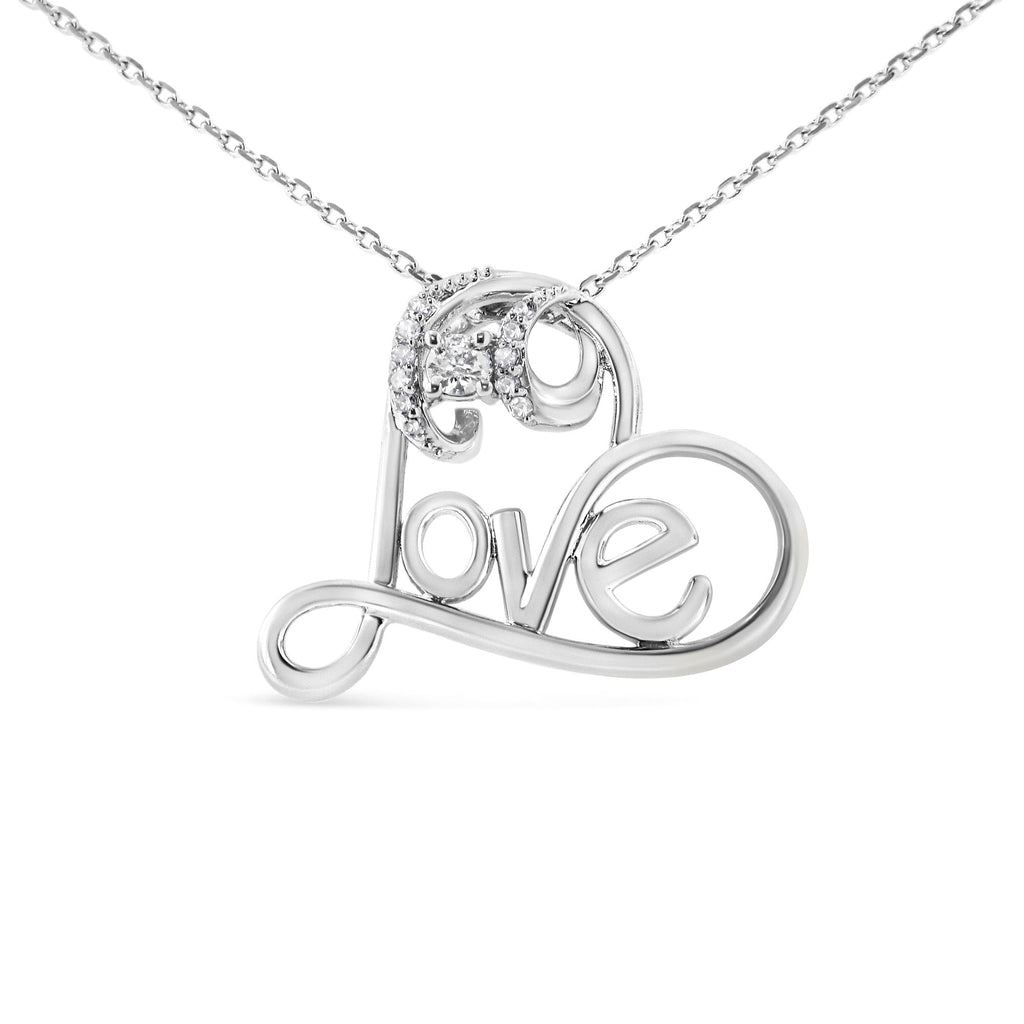 .925 Sterling Silver 1/10 Cttw Round Brilliant-Cut Diamond Accented Open Heart with Love 18" Pendant Necklace (H-I Color, I1-I2 Clarity) - Friggin Jewelry