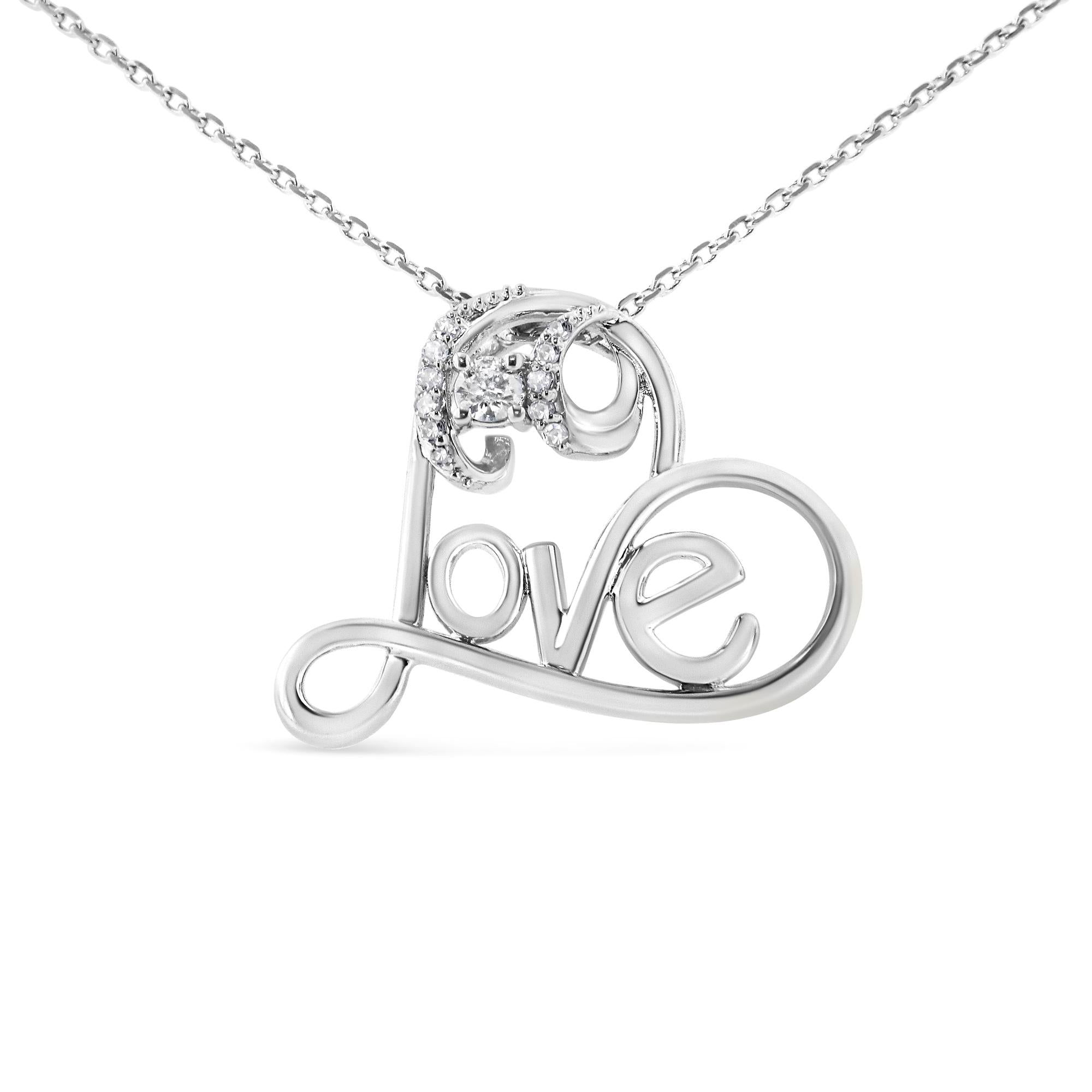 .925 Sterling Silver 1/10 Cttw Round Brilliant-Cut Diamond Accented Open Heart with Love 18" Pendant Necklace (H-I Color, I1-I2 Clarity) - Friggin Jewelry