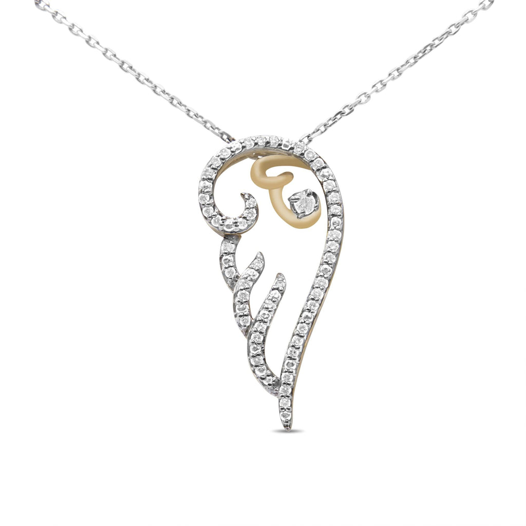 10K Yellow Gold over .925 Sterling Silver 1/4 Cttw Diamond Angel Wing 18" Pendant Necklace (H-I Color, I1-I2 Clarity) - Friggin Jewelry