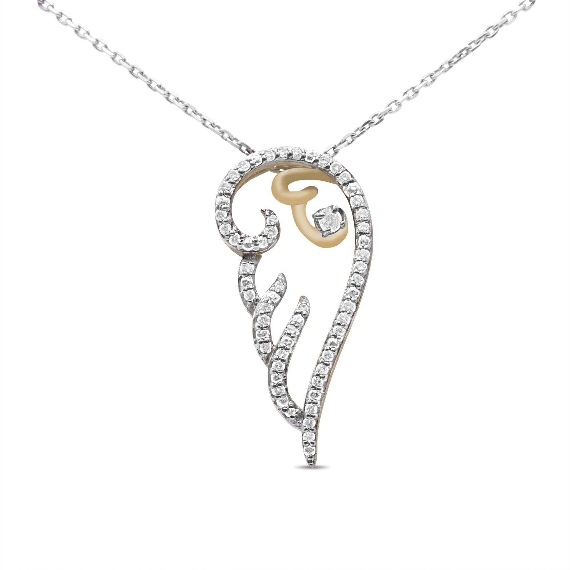 10K Yellow Gold over .925 Sterling Silver 1/4 Cttw Diamond Angel Wing 18" Pendant Necklace (H-I Color, I1-I2 Clarity) - Friggin Jewelry