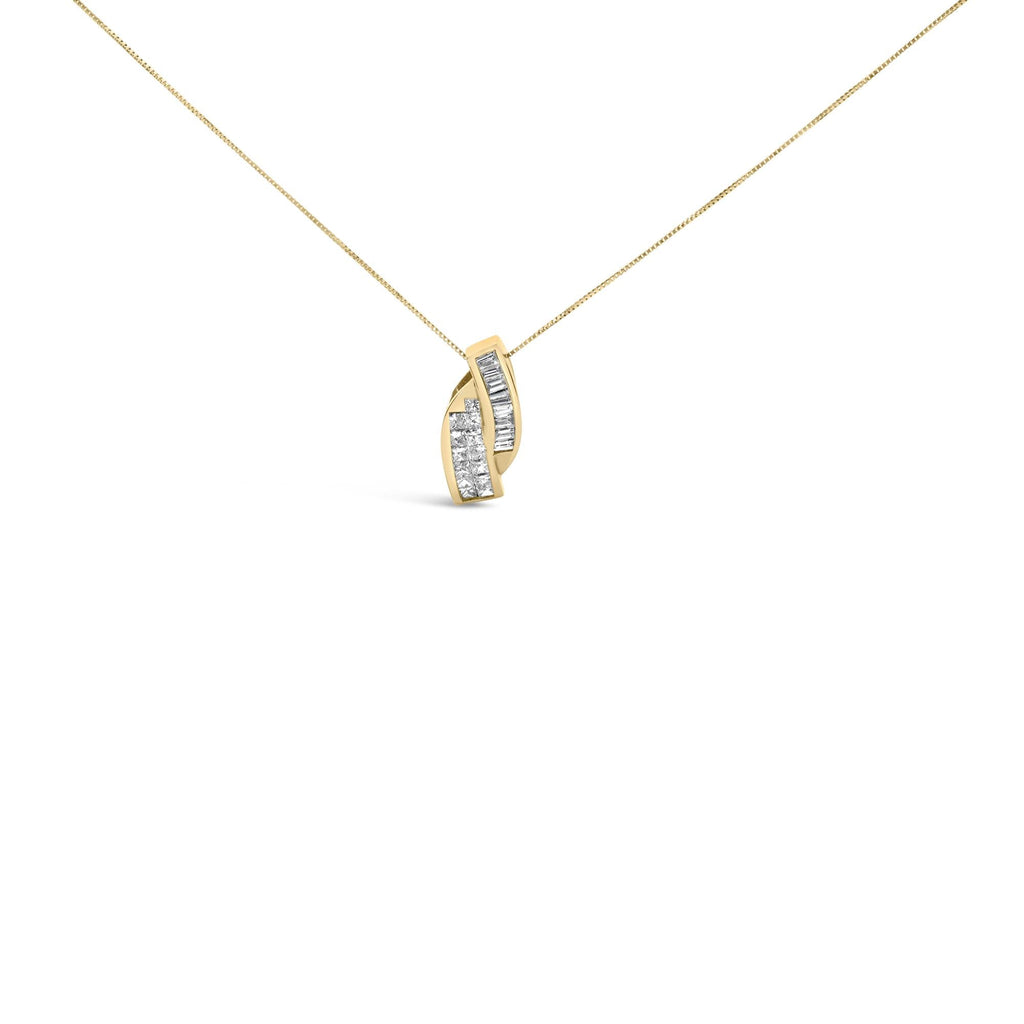 14k Yellow Gold 1 1/3 Cttw Princess and Baguette-cut Diamond Double Curved Pendant Necklace (H-I Color ,VS1-VS2 Clarity) - Chain Not Included - Friggin Jewelry Premium