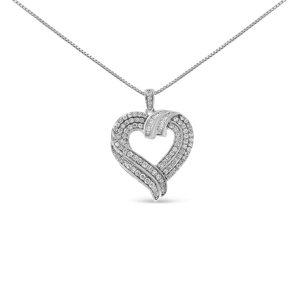 .925 Sterling Silver 1.00 Cttw Baguette Diamond Composite Open Heart 18" Inch Pendant Necklace (I-J Color, I1-I2 Clarity) - Friggin Jewelry