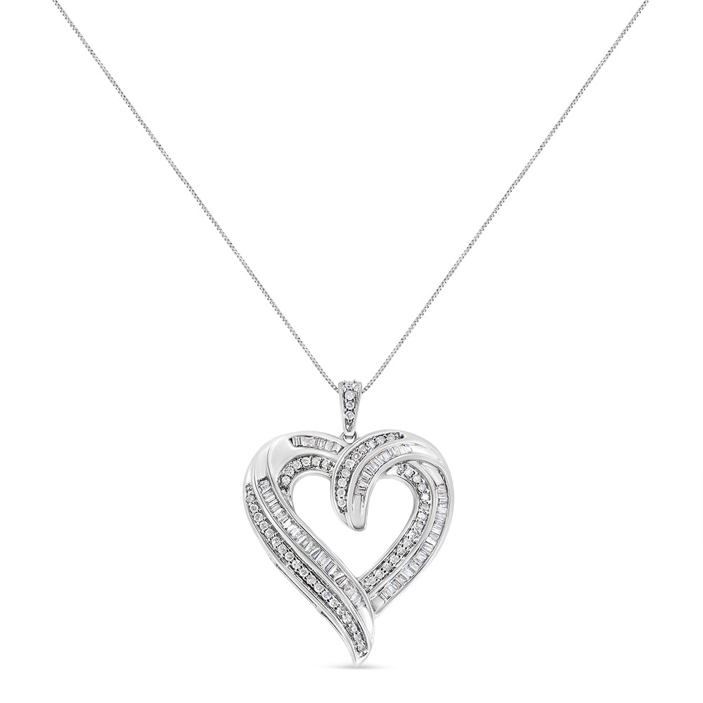 .925 Sterling Silver 3/4 Cttw Round and Baguette-Cut Diamond Open Heart 18" Pendant Necklace (I-J Color, I2-I3 Clarity) - Friggin Jewelry