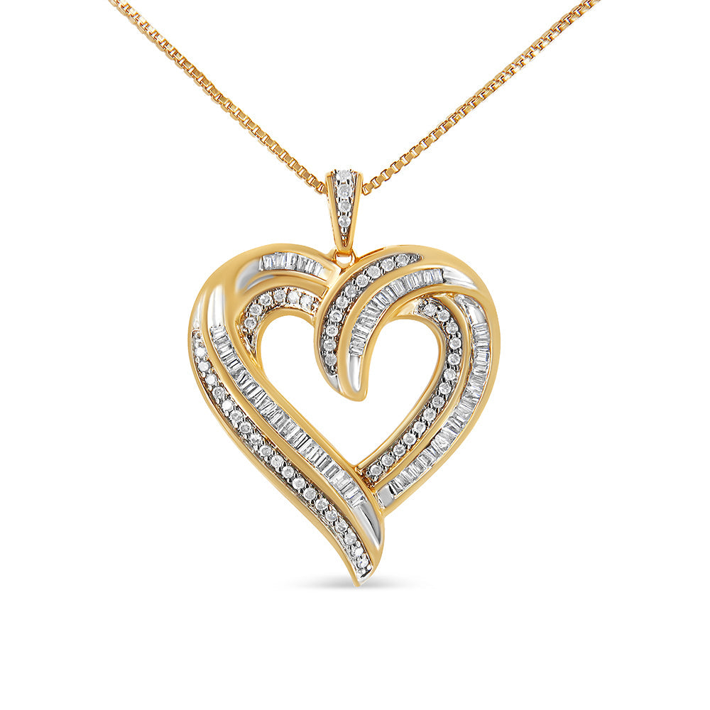 .925 Sterling Silver 3/4 Cttw Round and Baguette-Cut Diamond Open Heart 18" Pendant Necklace (I-J Color, I2-I3 Clarity) - Friggin Jewelry