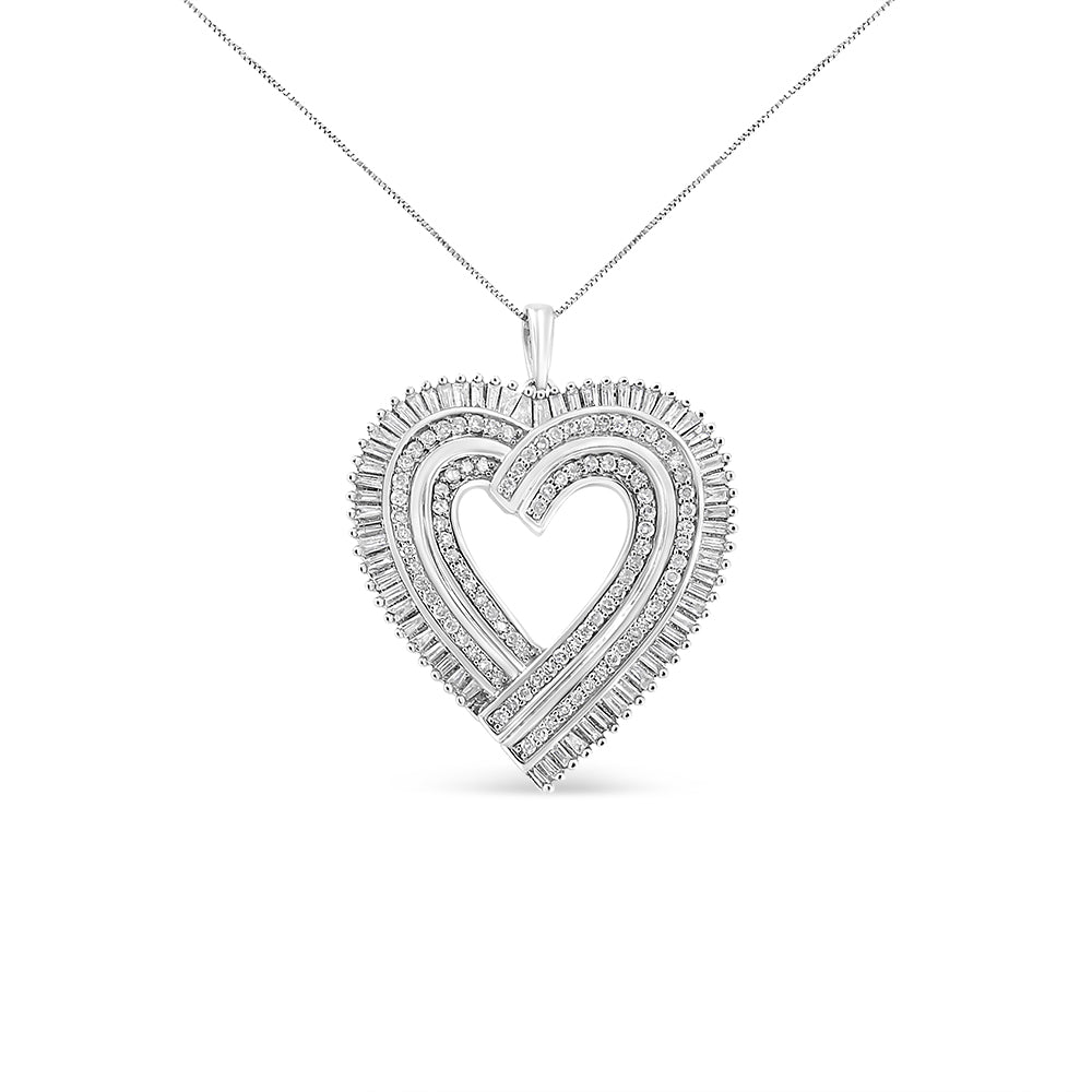 .925 Sterling Silver 1 1/4 Cttw Round and Baguette-Cut Diamond Composite Heart 18" Pendant Necklace (I-J Color, I1-I2 Clarity) - Friggin Jewelry