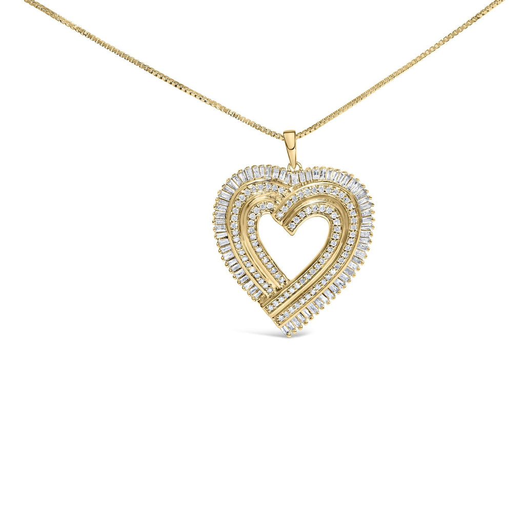 Collar con colgante de corazón de 45 cm en plata de ley 925 bañada en oro amarillo de 14 quilates con diamantes de talla baguette y redonda de 1/4 ct (color HI, claridad SI2-I1)