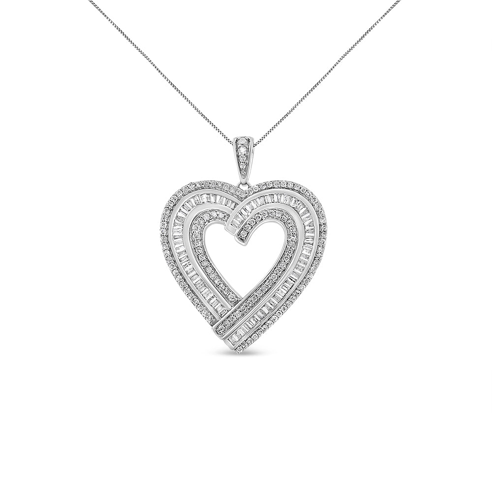 .925 Sterling Silver 1 3/8 Cttw Baguette Diamond Composite Heart 18" Inch Pendant Necklace (I-J Color, I1-I2 Clarity) - Friggin Jewelry