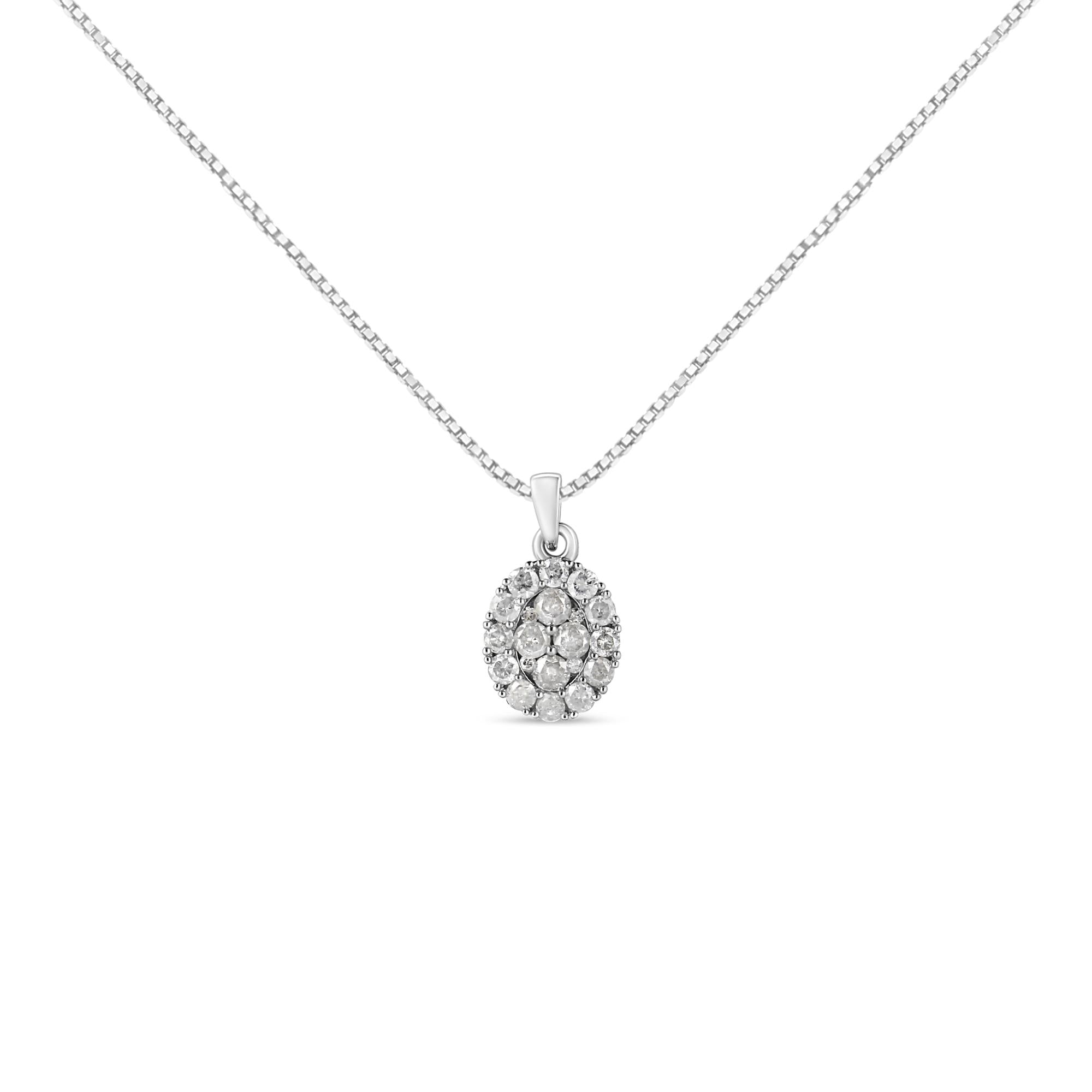 .925 Sterling Silver 1 1/2 Cttw Diamond Oval Cluster Pendant Necklace (I-J Color, I2-I3 Clarity) - 18" - Friggin Jewelry