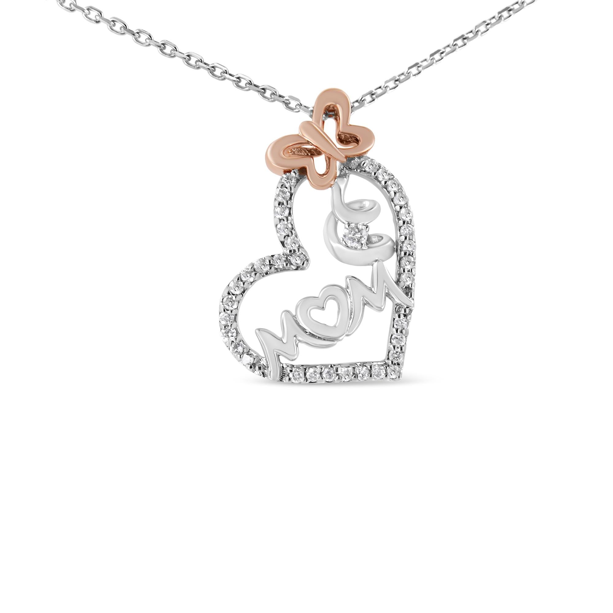 Two Tone .925 Sterling Silver 1/5 cttw Diamond "Mom" and Heart Pendant Necklace (H-I, I1-I2) - Mom - Friggin Jewelry
