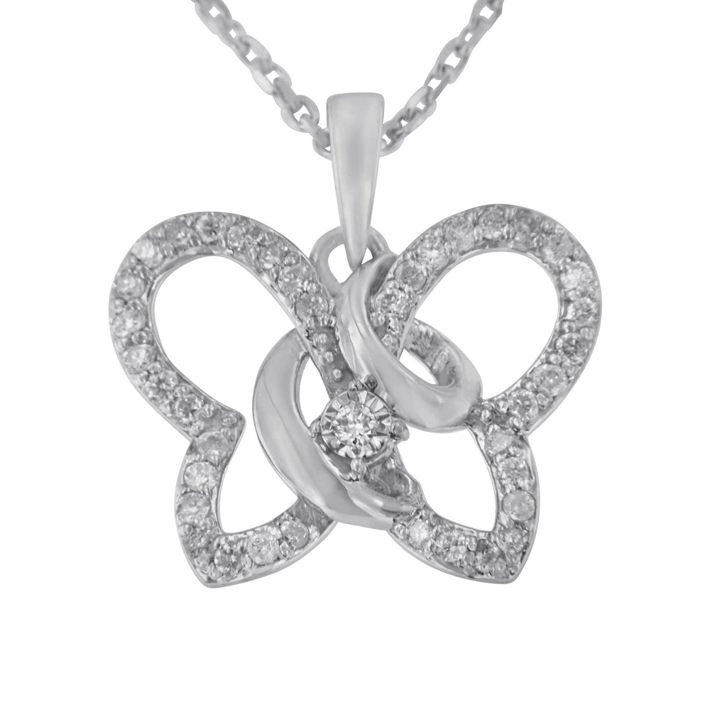 .925 Sterling Silver 1/4 cttw Prong-Set Diamond Butterfly 18" Pendant Necklace (H-I Color, I1-I2 Clarity) - Friggin Jewelry