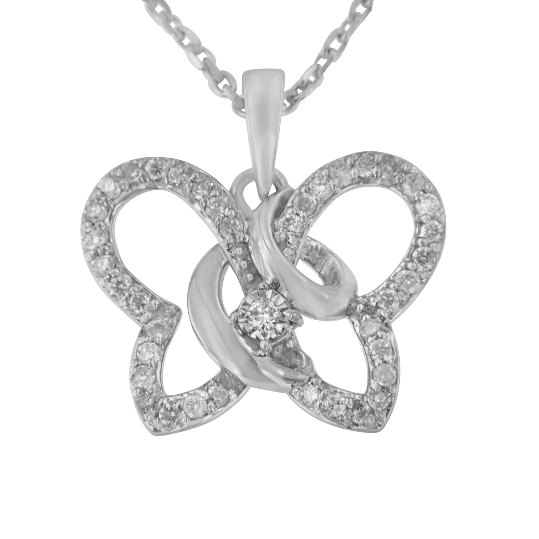 .925 Sterling Silver 1/4 cttw Prong-Set Diamond Butterfly 18" Pendant Necklace (H-I Color, I1-I2 Clarity) - Friggin Jewelry