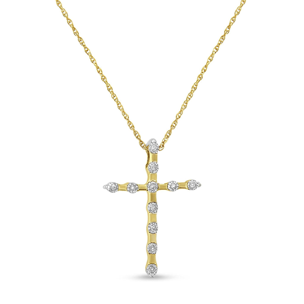 10K Yellow Gold Plated .925 Sterling Silver Miracle Set Diamond Accent Cross 18" Pendant Necklace (I-J Color, I3 Clarity) - Friggin Jewelry