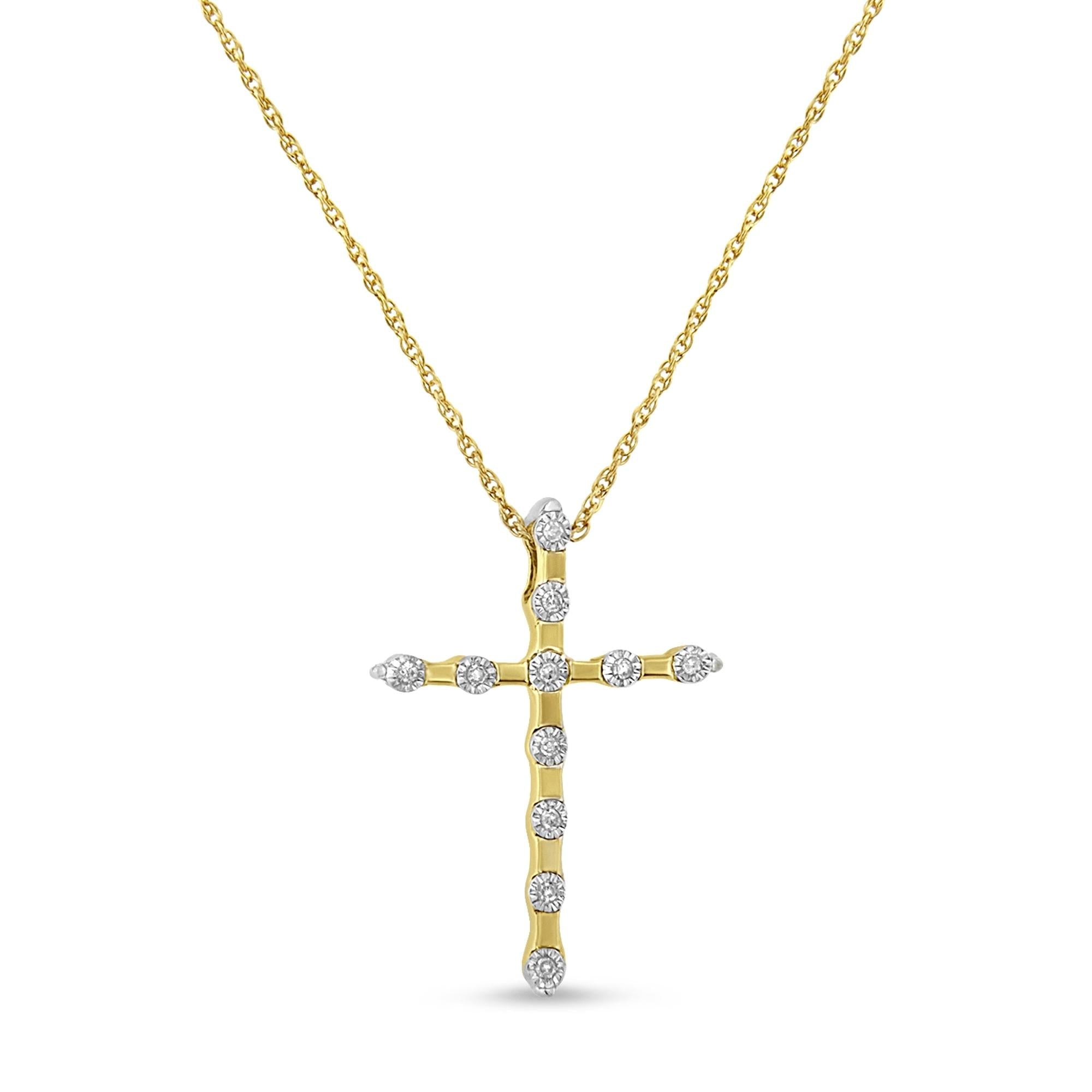 10K Yellow Gold Plated .925 Sterling Silver Miracle Set Diamond Accent Cross 18" Pendant Necklace (I-J Color, I3 Clarity) - Friggin Jewelry