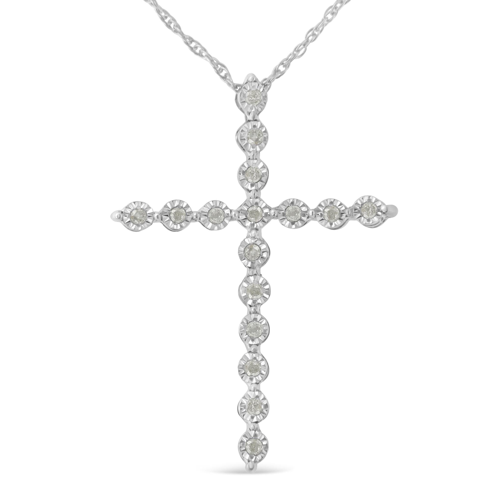 .925 Sterling Silver 1/6 Cttw Brilliant-Cut Diamond Miracle-Set Shared Prong Cross 18" Pendant Necklace (I-J Color, I2-I3 Clarity) - Friggin Jewelry