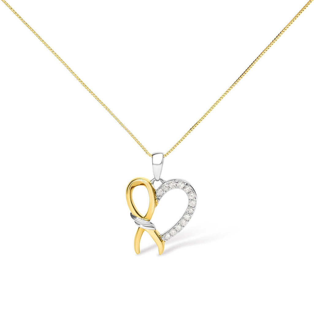 10K Yellow Gold Plated .925 Sterling Silver 1/5 Cttw Diamond Ribbon Heart Pendant Necklace (H-I Color, I2-I3 Clarity) - 18" - Friggin Jewelry