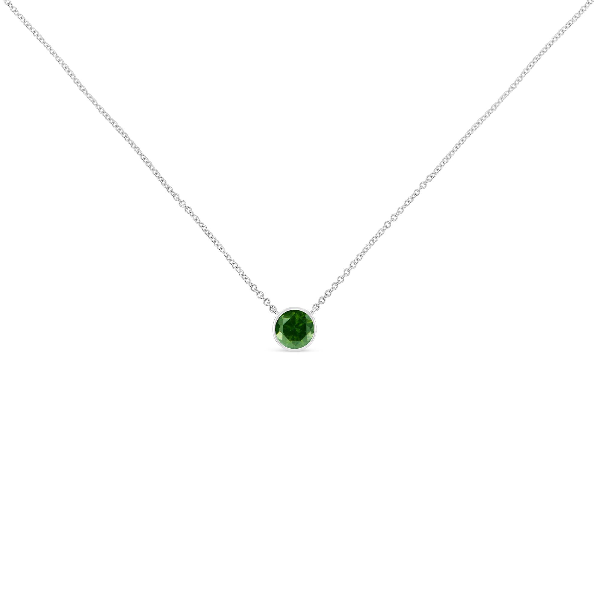 .925 Sterling Silver 1/5 Cttw Bezel Set Solitaire Treated Green Diamond 18" Pendant Necklace (Treated Green Color, I2-I3 Clarity) - Friggin Jewelry