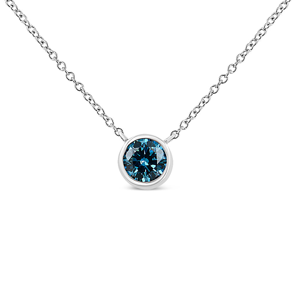 14K White Gold 1/2 Cttw Blue Lab Grown Diamond Modern Bezel-Set Solitaire 16"-18" Pendant Necklace (Blue Color,  VS2-SI1 Clarity) - Friggin Jewelry
