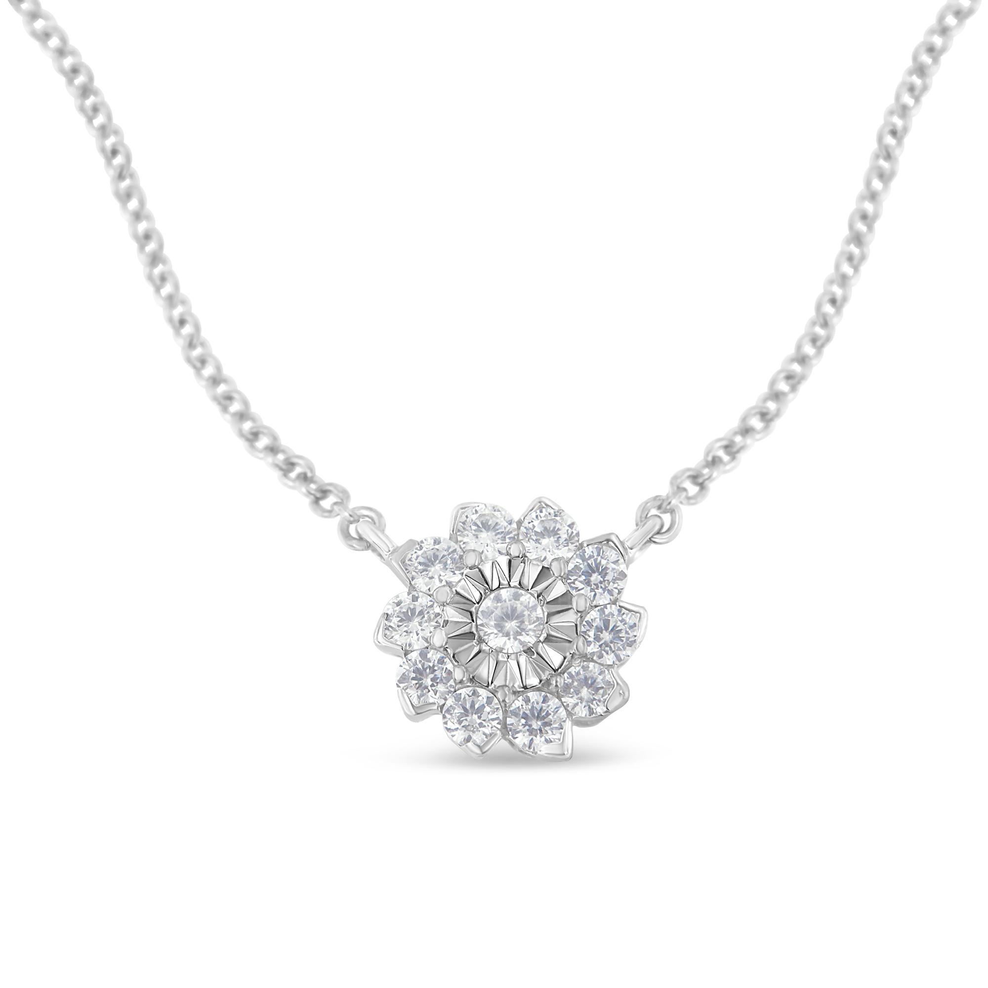.925 Sterling Silver 1/2 Cttw Diamond Miracle Set Flower Cluster Pendant Necklace with Cable Chain (I-J Color, I1-I2 Clarity) - 18” - Friggin Jewelry