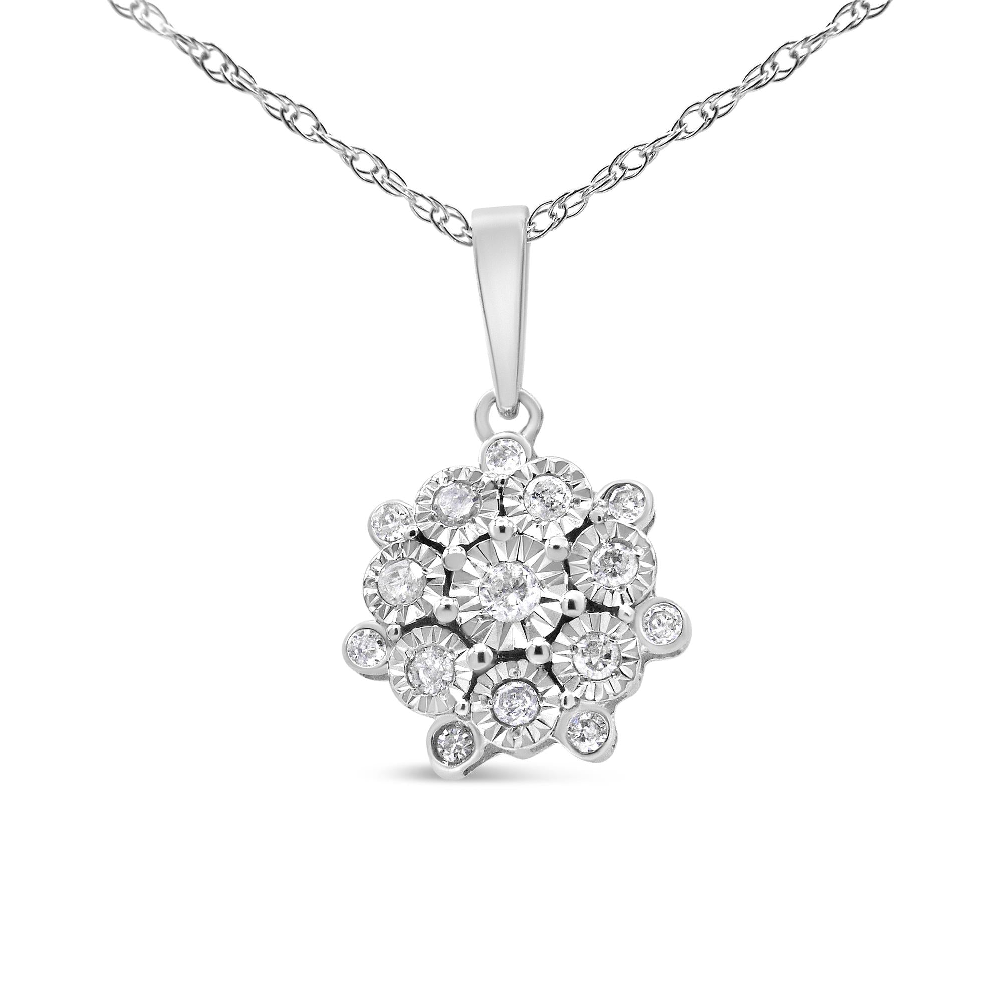 .925 Sterling Silver 1/4 cttw Diamond Floral Cluster Pendant Necklace (I-J, I2-I3) - Friggin Jewelry