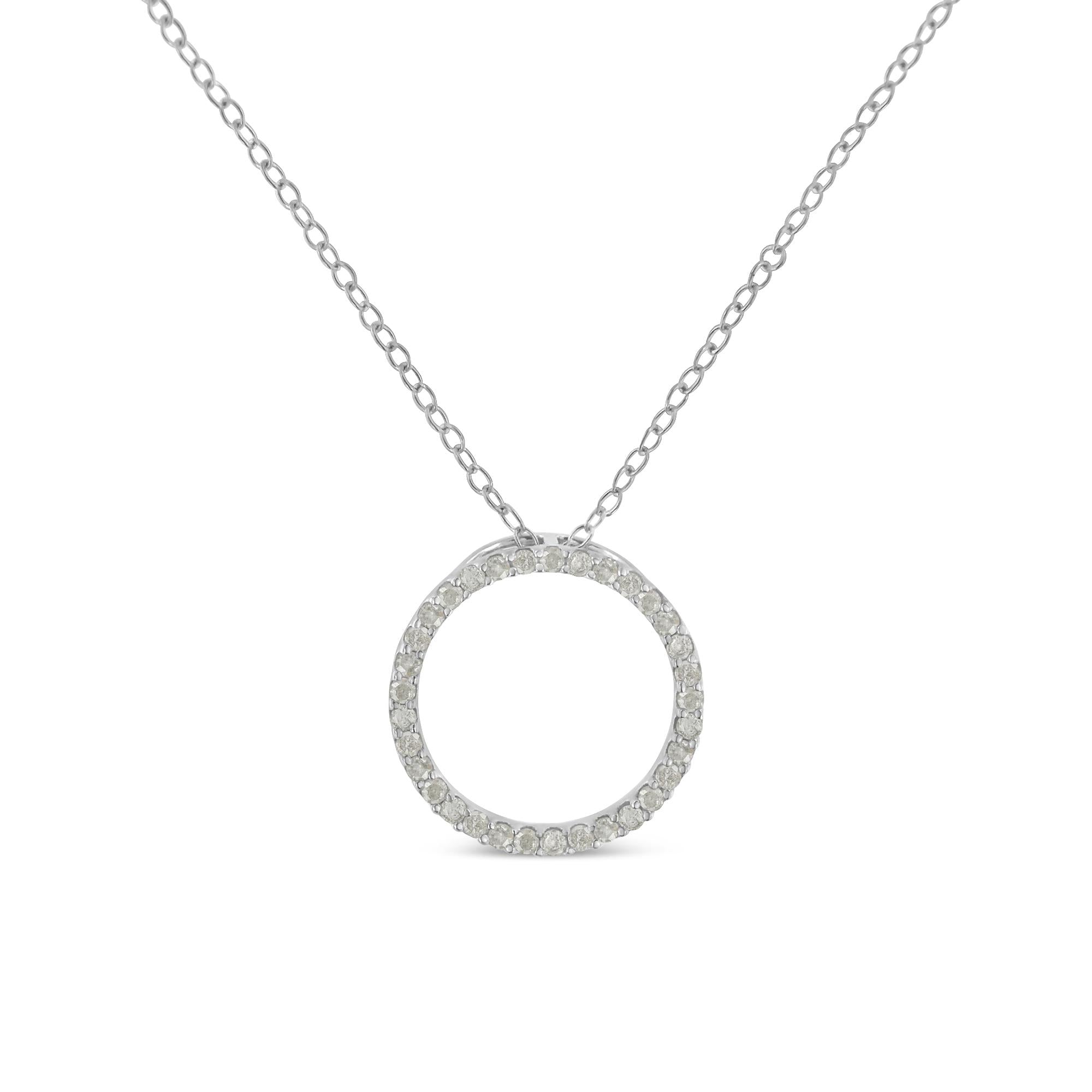 .925 Sterling Silver 1/3 Cttw Round-Cut Diamond Open Circle Halo 18" Pendant Necklace (I-J Color, I2-I3 Clarity) - Friggin Jewelry
