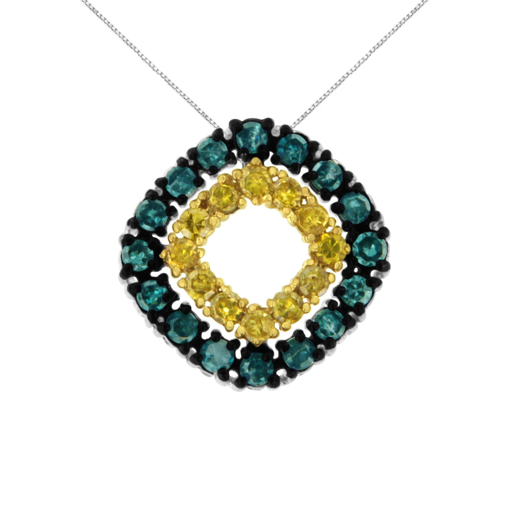 .925 Sterling Silver 1/2 Cttw Treated Blue and Yellow Diamond Double Square 18" Pendant Necklace (Blue/Yellow Color, I2-I3 Clarity) - Friggin Jewelry