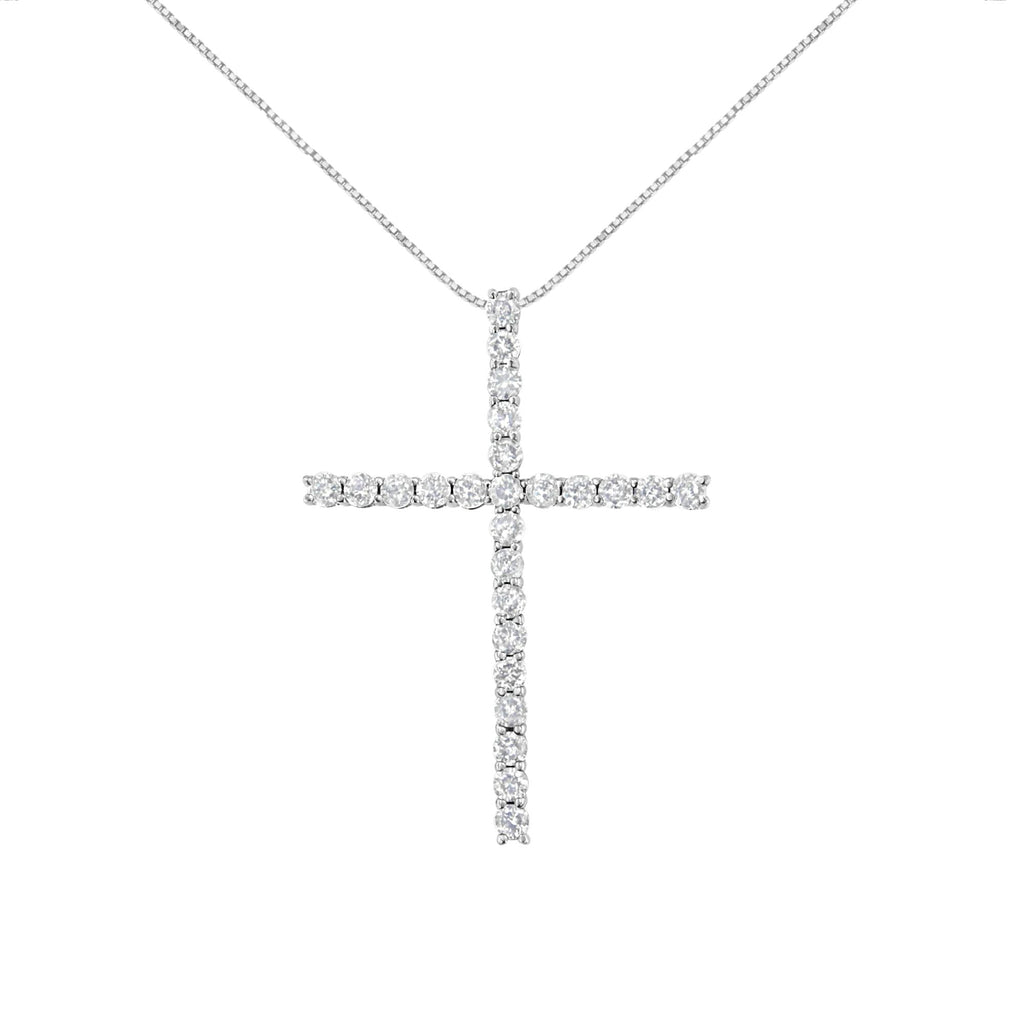 .925 Sterling Silver 2.0 Cttw Round Shape Diamond 1-1/4" Cross Pendant with Box Chain Necklace (I-J Color, I1-I2 Clarity) - 18" - Friggin Jewelry