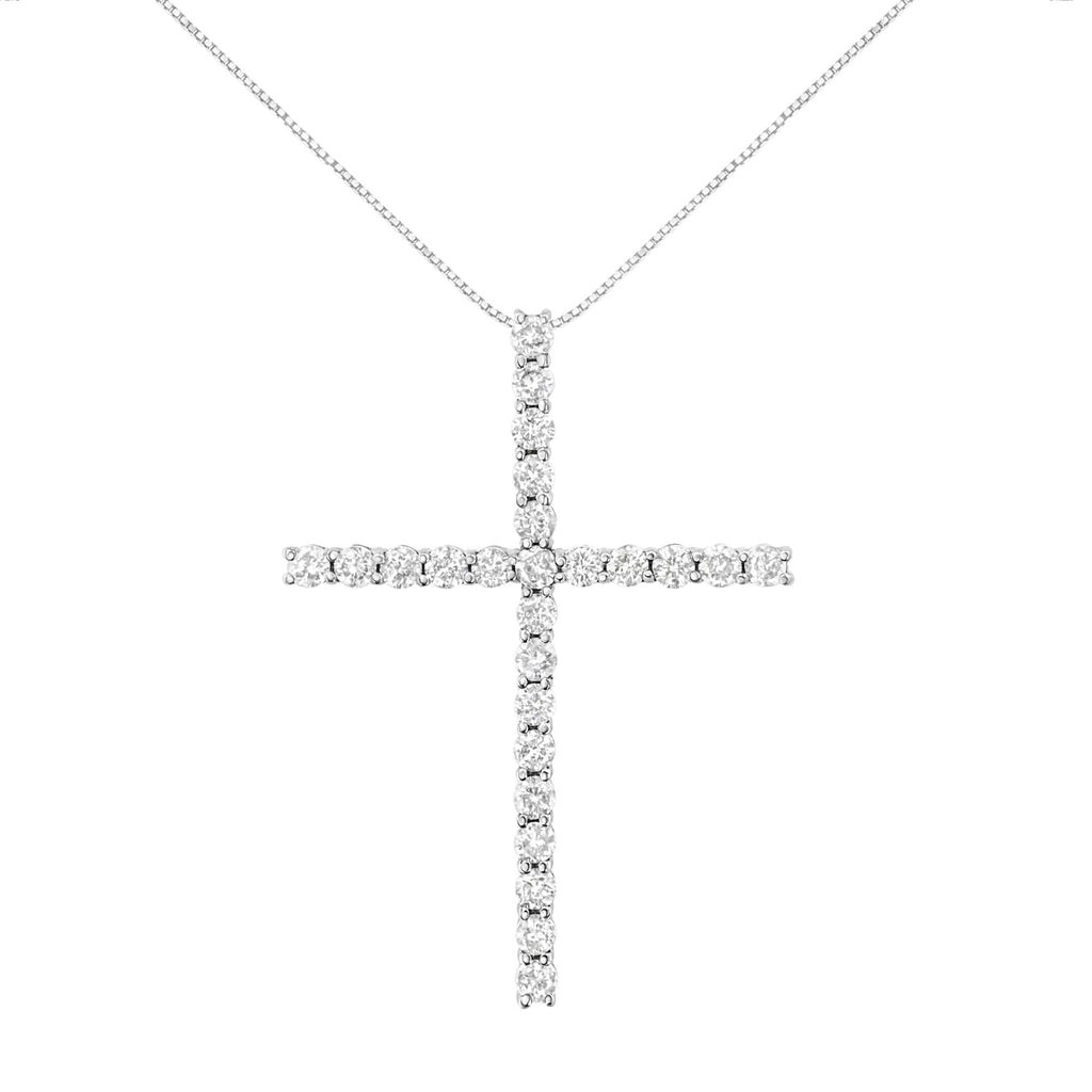 .925 Sterling Silver 3.0 Cttw Round Shape Diamond 1-1/2" Cross Pendant with Box Chain Necklace (J-K Color, I2-I3 Clarity) - 18" - Friggin Jewelry