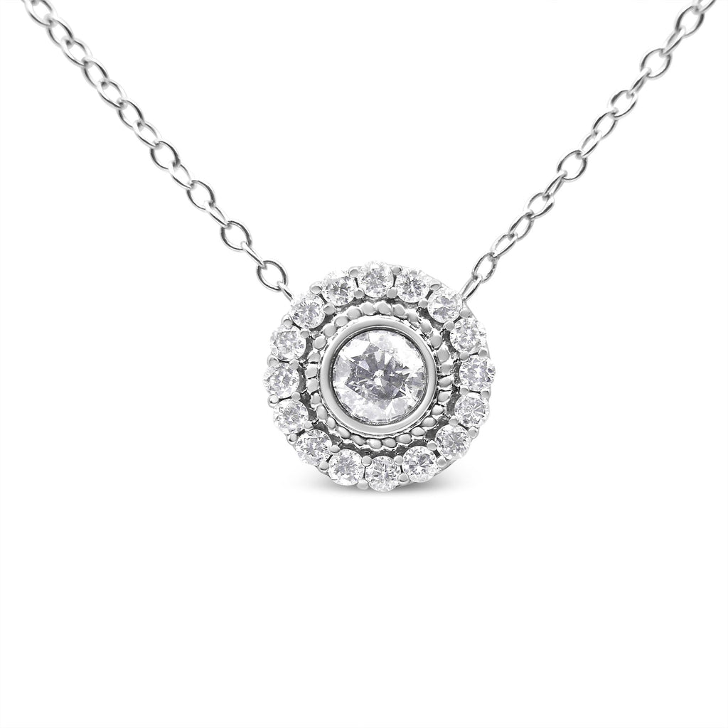 .925 Sterling Silver 1/2 Cttw Round Diamond Halo Circle Pendant 18" Necklace (I-J Color, I2-I3 Clarity) - Friggin Jewelry