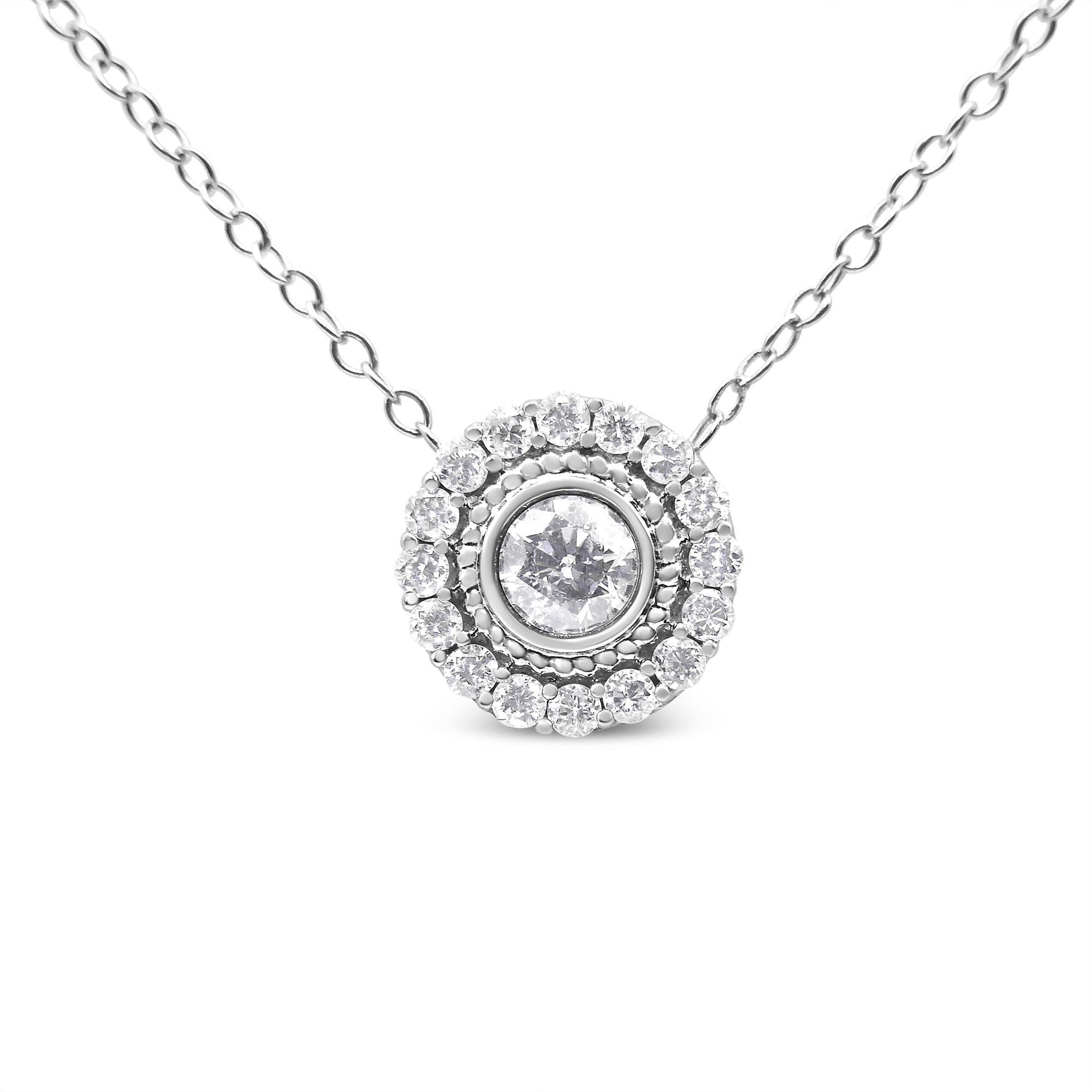 .925 Sterling Silver 1/2 Cttw Round Diamond Halo Circle Pendant 18" Necklace (I-J Color, I2-I3 Clarity) - Friggin Jewelry