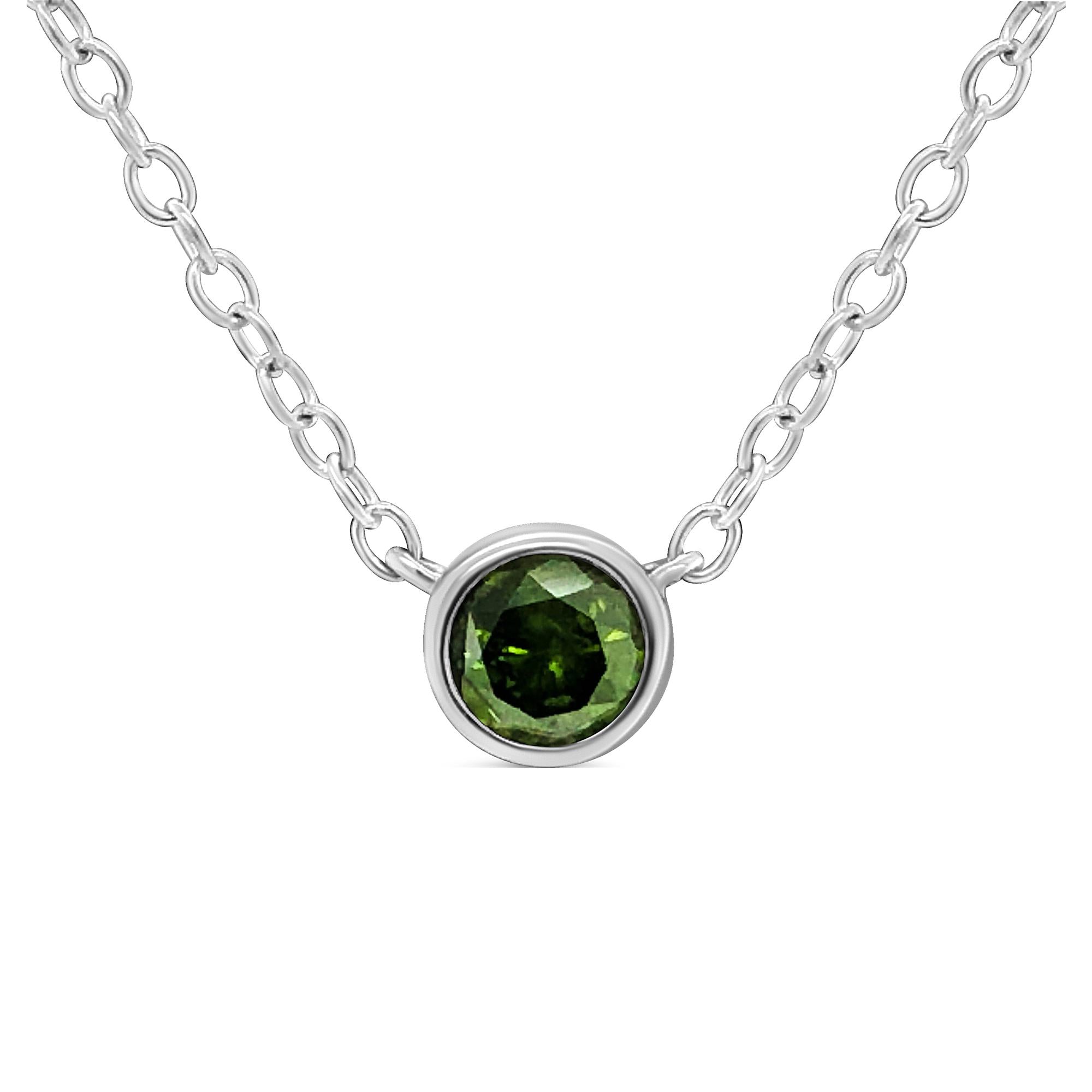 .925 Sterling Silver 1/5 Cttw Treated Green Diamond Solitaire Bezel 18" Pendant Necklace (Green Color, I1-I2 Clarity) - Friggin Jewelry