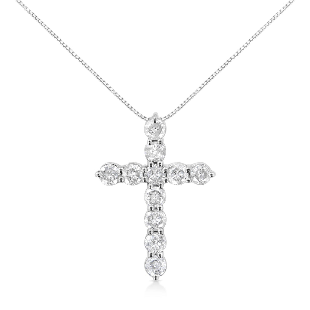 .925 Sterling Silver 1.0 Cttw Prong Set Round-Cut Diamond Cross 18" Pendant Necklace (I-J Color, I2-I3 Clarity) - Friggin Jewelry