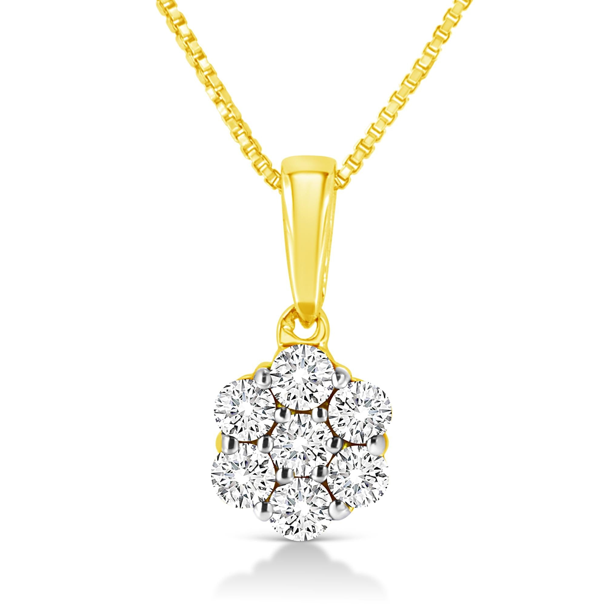 Collar con colgante de 45,7 cm en oro amarillo de 14 quilates, 1/4 ct, con diamantes de talla redonda engastados en garras y 7 piedras en racimo floral (color HI, claridad I1-I2) - Friggin Jewelry