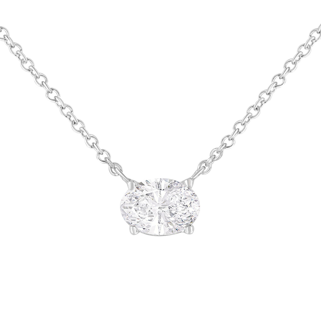 Collar con colgante de 18" Este-Oeste con diamante solitario ovalado cultivado en laboratorio de 1/2 ct, certificado IGI, en oro blanco de 14 k (color EF, claridad VS1-VS2) - Friggin Jewelry