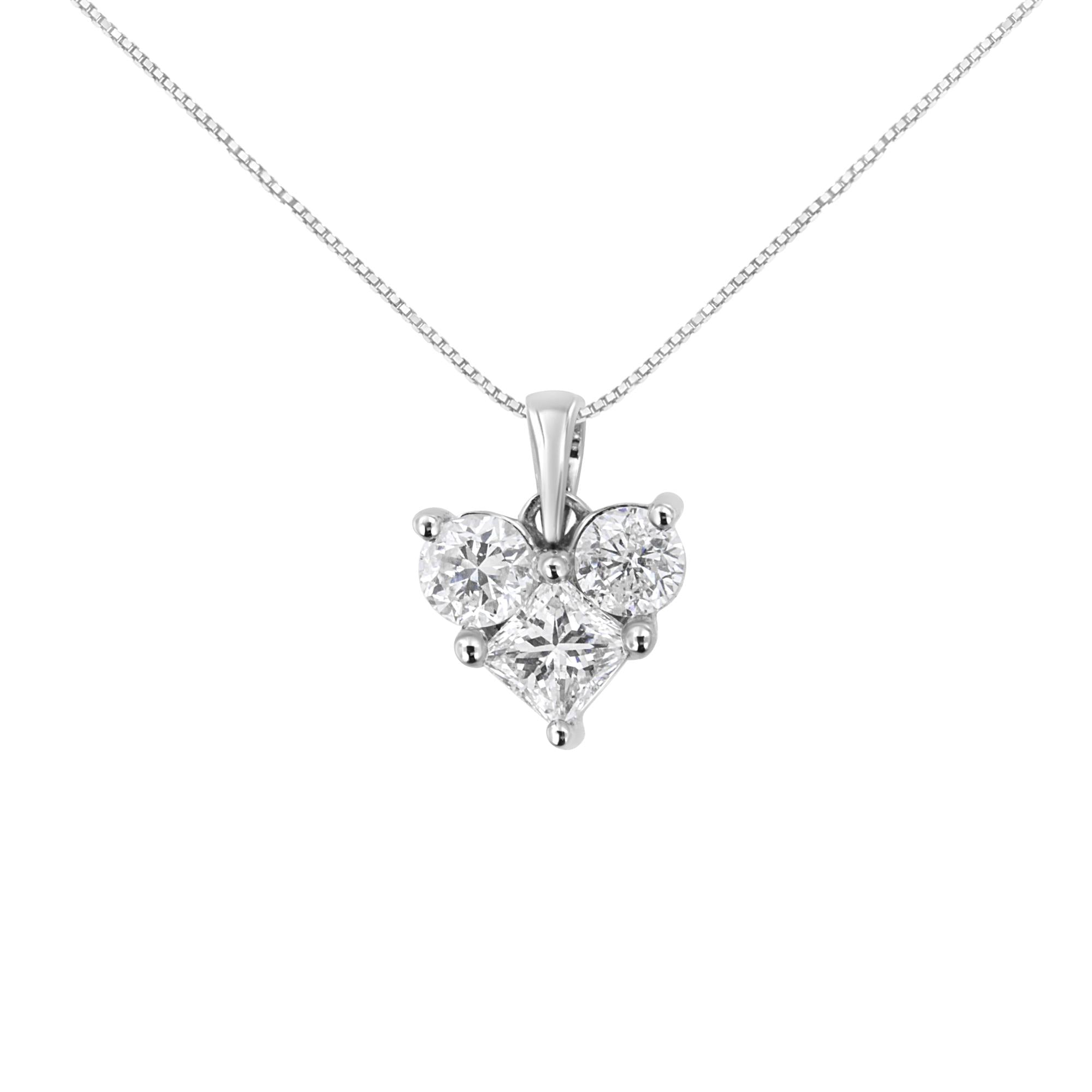 10K White Gold 1.0 Cttw Round-Cut and Princess-Cut Diamond Heart Shaped 18" Pendant Necklace (H-I Color, SI2-I1 Clarity) - Friggin Jewelry Premium