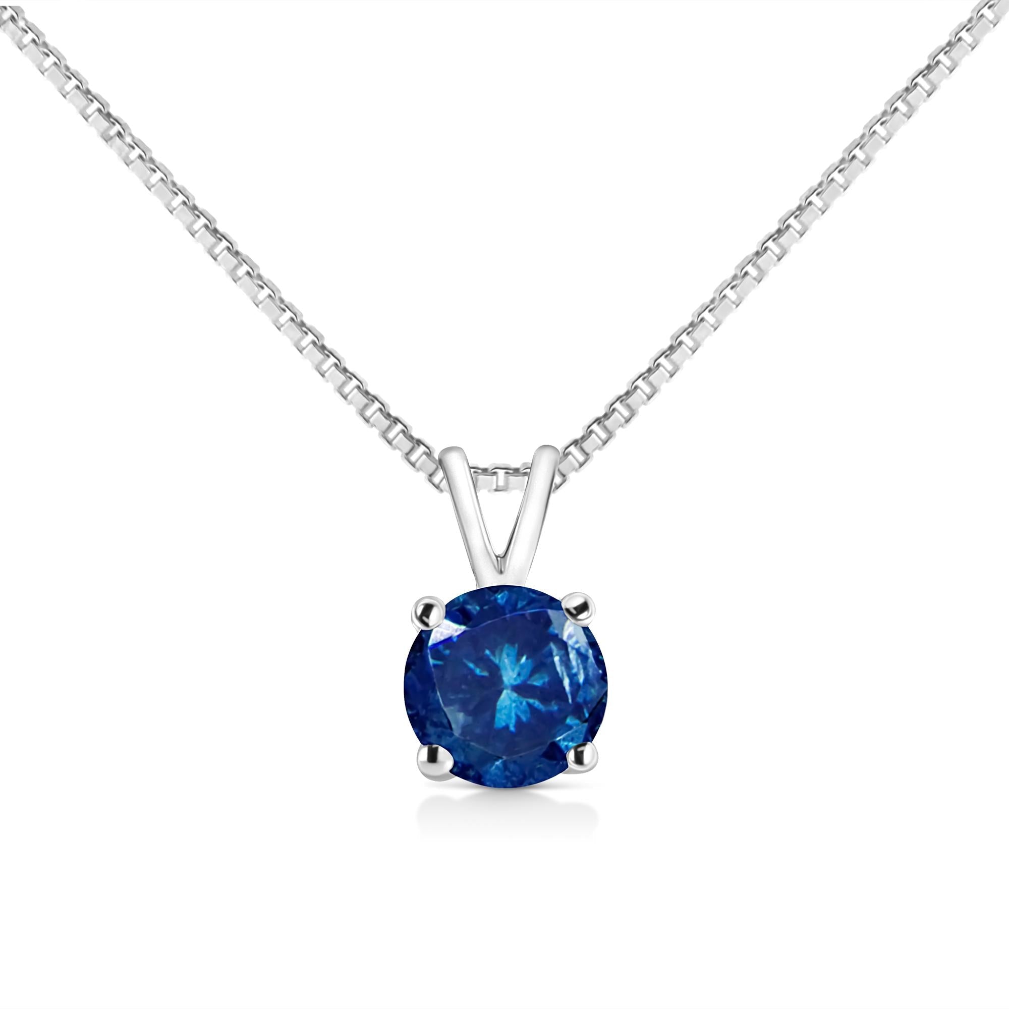 10K White Gold Round Brilliant Cut Lab Grown Blue Diamond 4-Prong Solitaire Pendant Necklace (Blue Color, VS2-SI1 Clarity) - 18" - Friggin Jewelry