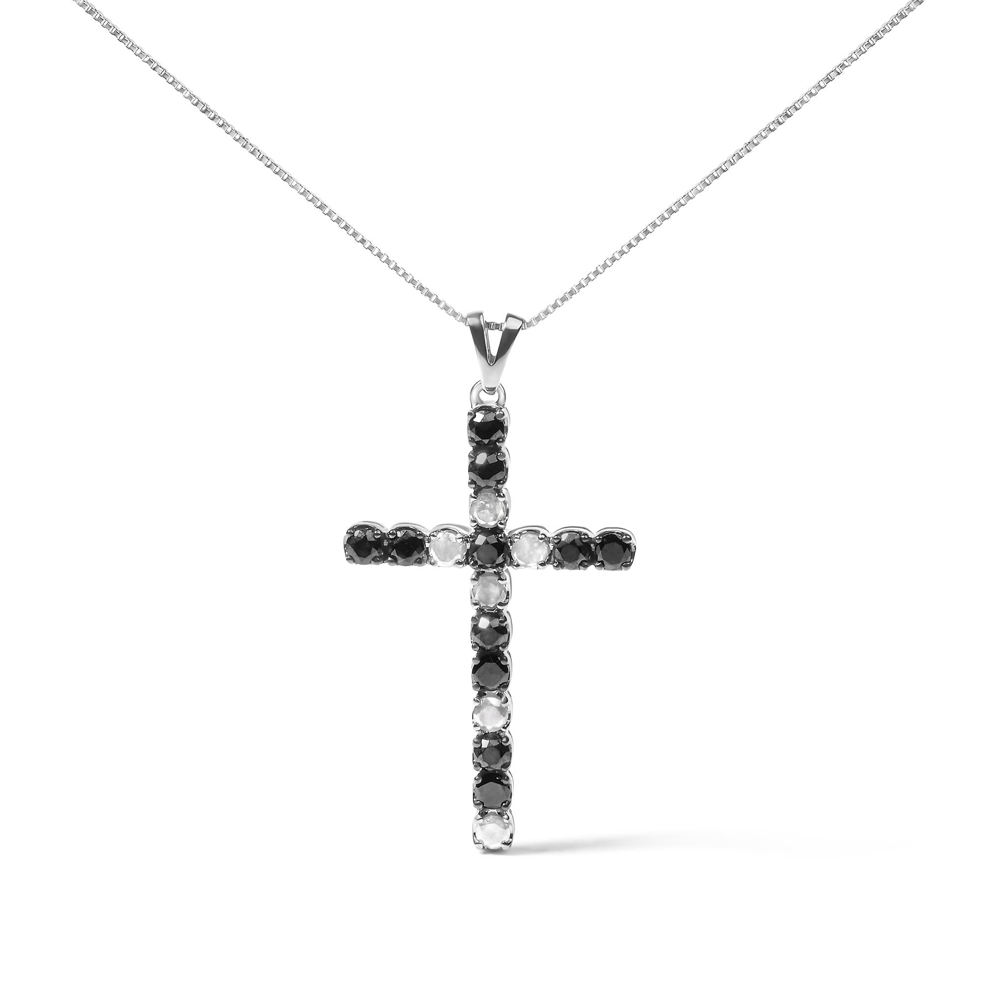 .925 Sterling Silver 2.0 Cttw Prong Set Round Natural Treated Black and White Diamond Cross Pendant Necklace - 18" (Black/H-I Color, I3 Clarity) - Friggin Jewelry