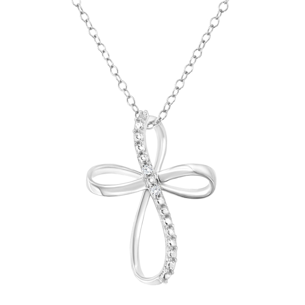 .925 Sterling Silver Diamond Accent Cross Ribbon 18" Pendant Necklace (I-J Color, I2-I3 Clarity) - Friggin Jewelry