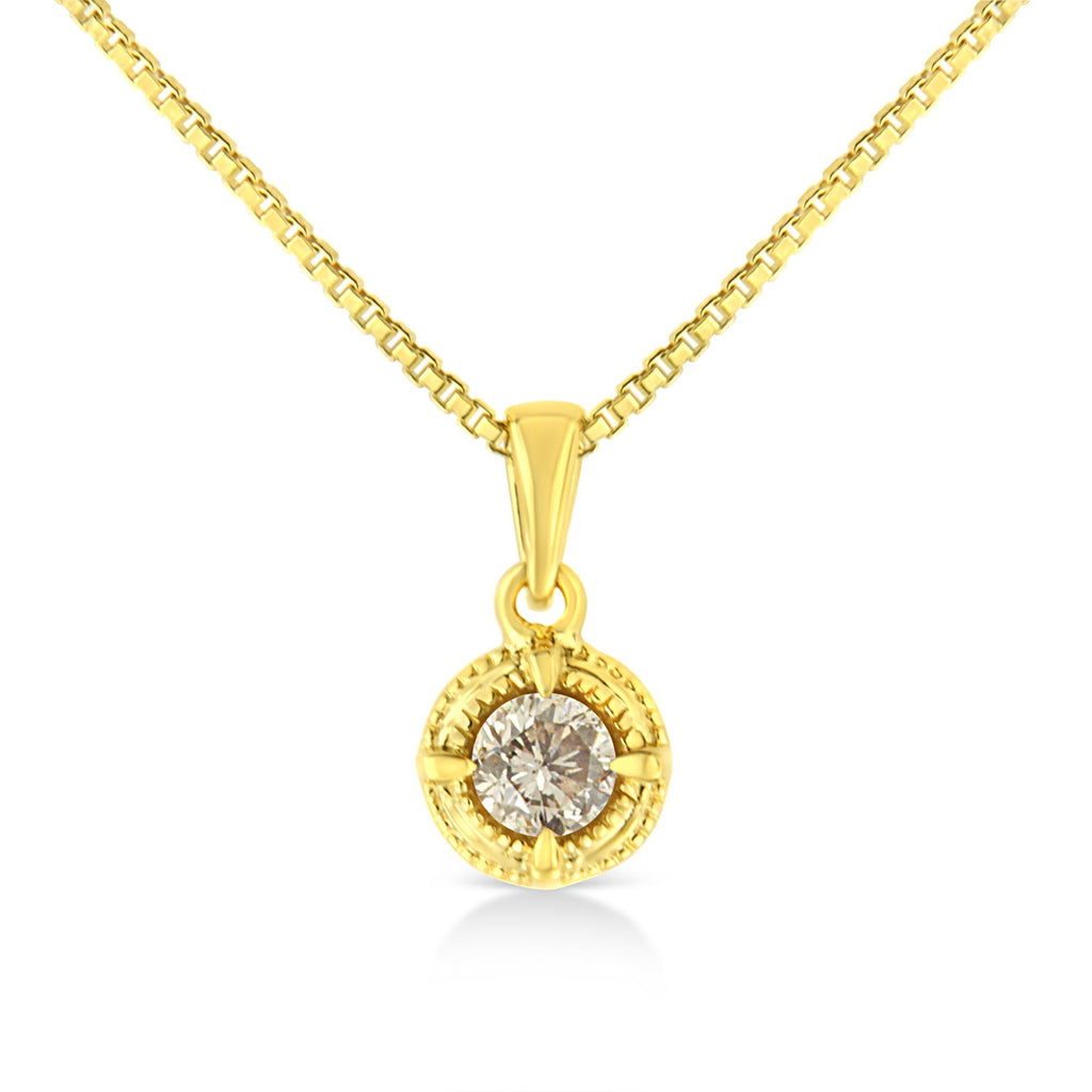 14K Yellow Gold Plated .925 Sterling Silver Brilliant Round Cut Diamond Solitaire Milgrain 18" Pendant Necklace - Friggin Jewelry