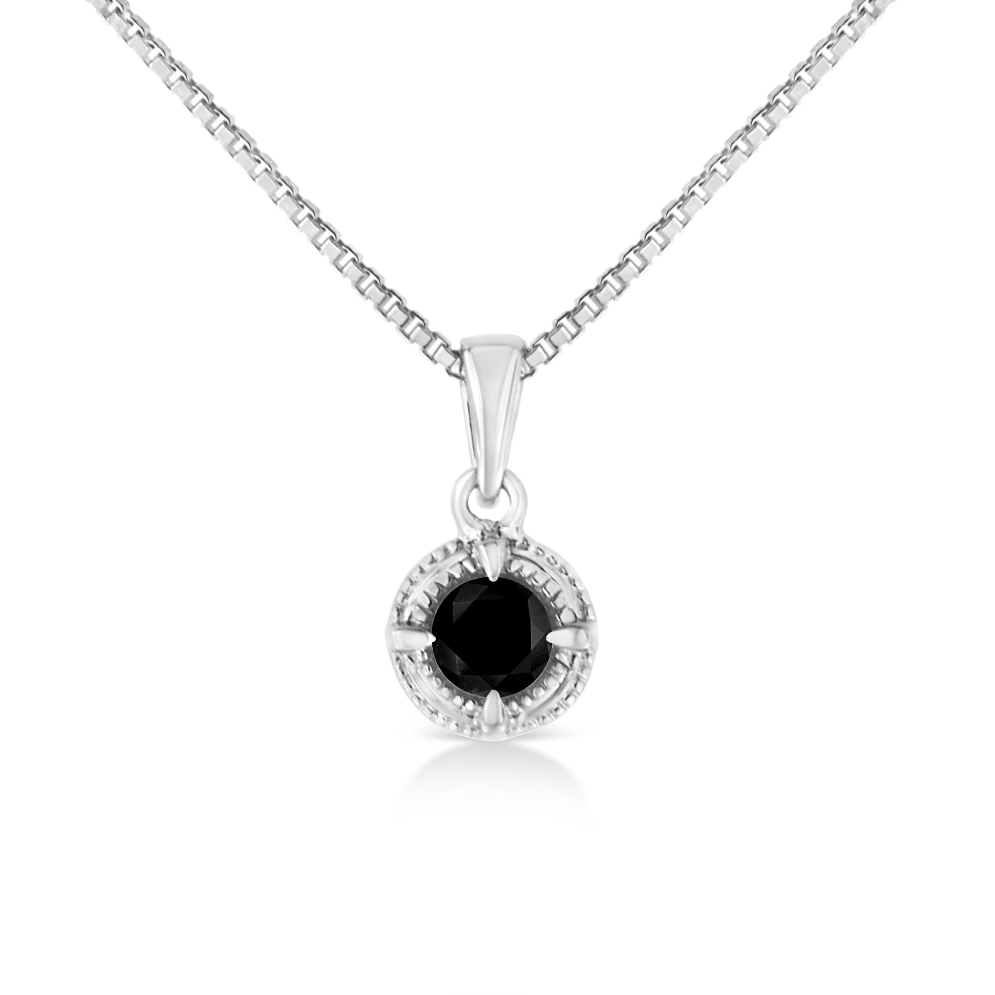 .925 Sterling Silver Treated Color Diamond Solitaire 18" Milgrain Pendant Necklace - Friggin Jewelry