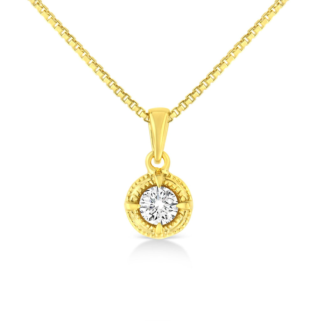 14K Yellow Gold Plated .925 Sterling Silver Brilliant Round Cut Diamond Solitaire Milgrain 18" Pendant Necklace - Friggin Jewelry