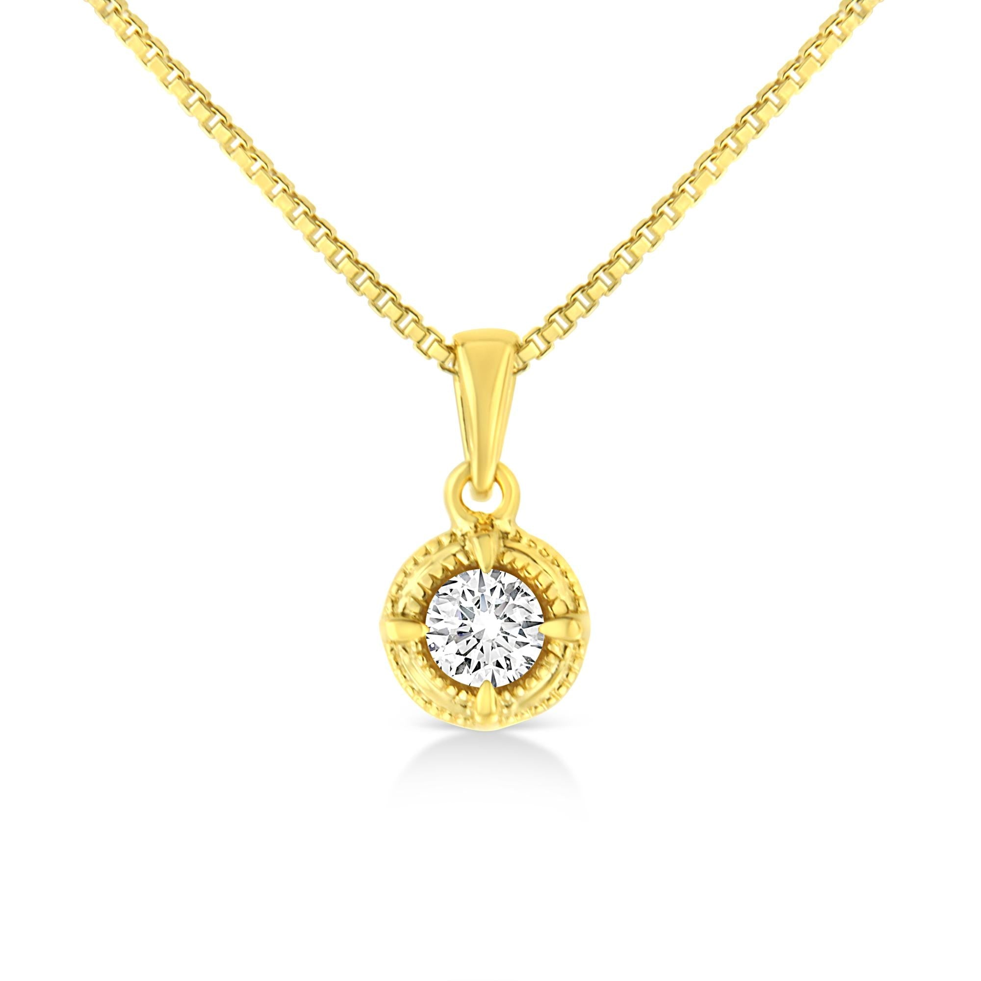 14K Yellow Gold Plated .925 Sterling Silver Brilliant Round Cut Diamond Solitaire Milgrain 18" Pendant Necklace - Friggin Jewelry