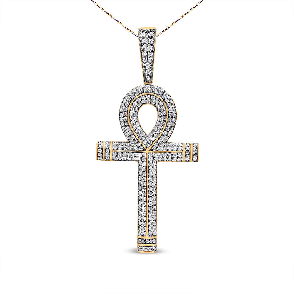 10K Yellow Gold 1 7/8 Cttw Round Diamond Ankh Cross Pendant Necklace for Men (H-I Color, SI1-SI2 Clarity) - NO CHAIN INCLUDED - Friggin Jewelry