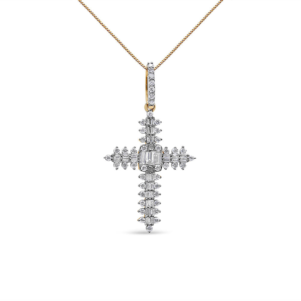 10K Yellow Gold 7/8 Cttw Round & Baguette Diamond Zigzag Pattern Cross Pendant Necklace (H-I Color, SI2-I1 Clarity) - Chain Not Included - Friggin Jewelry