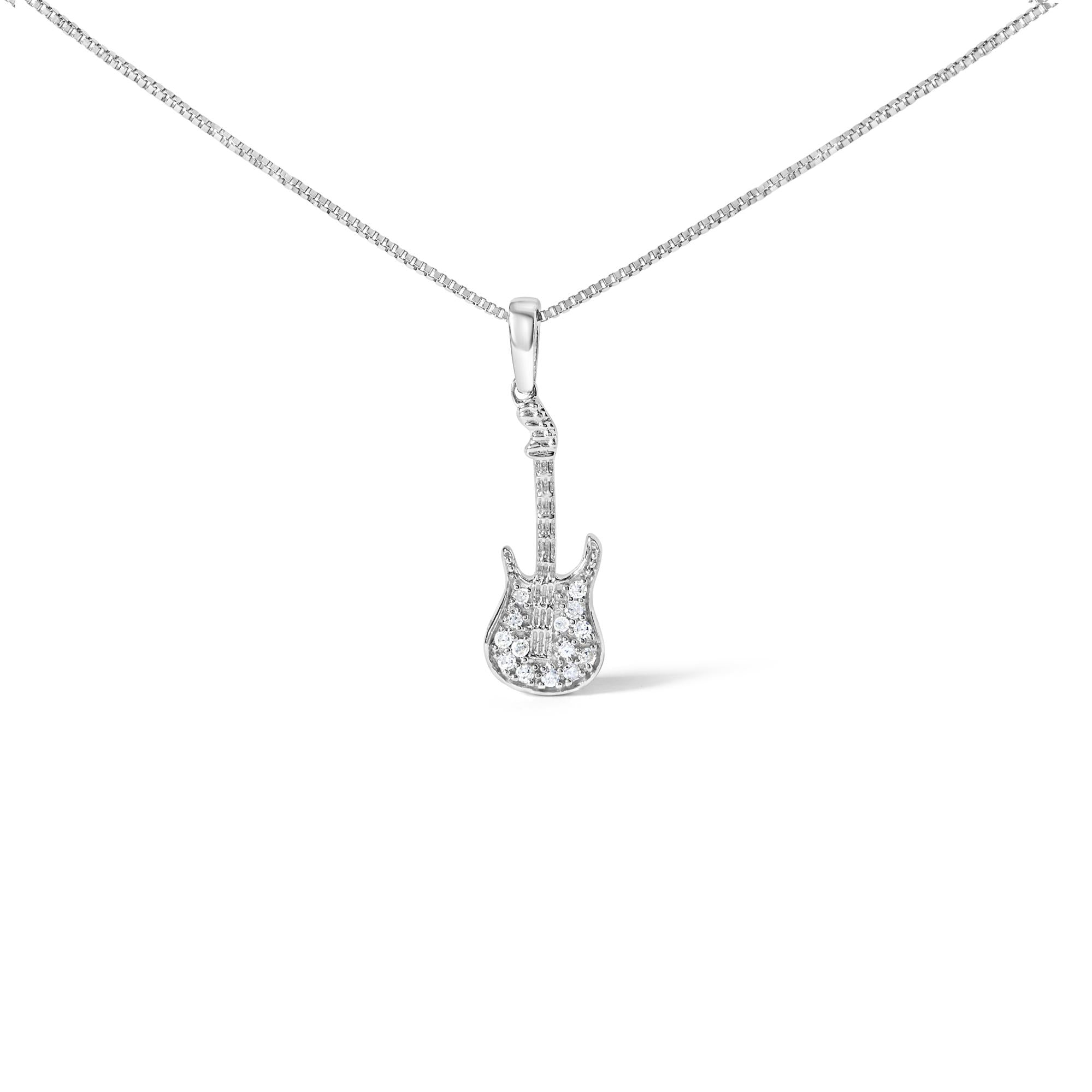 .925 Sterling Silver 1/10 Cttw Diamond Studded Guitar Pendant Necklace (I-J Color, I2-I3 Clarity) - 18" Inches - Friggin Jewelry