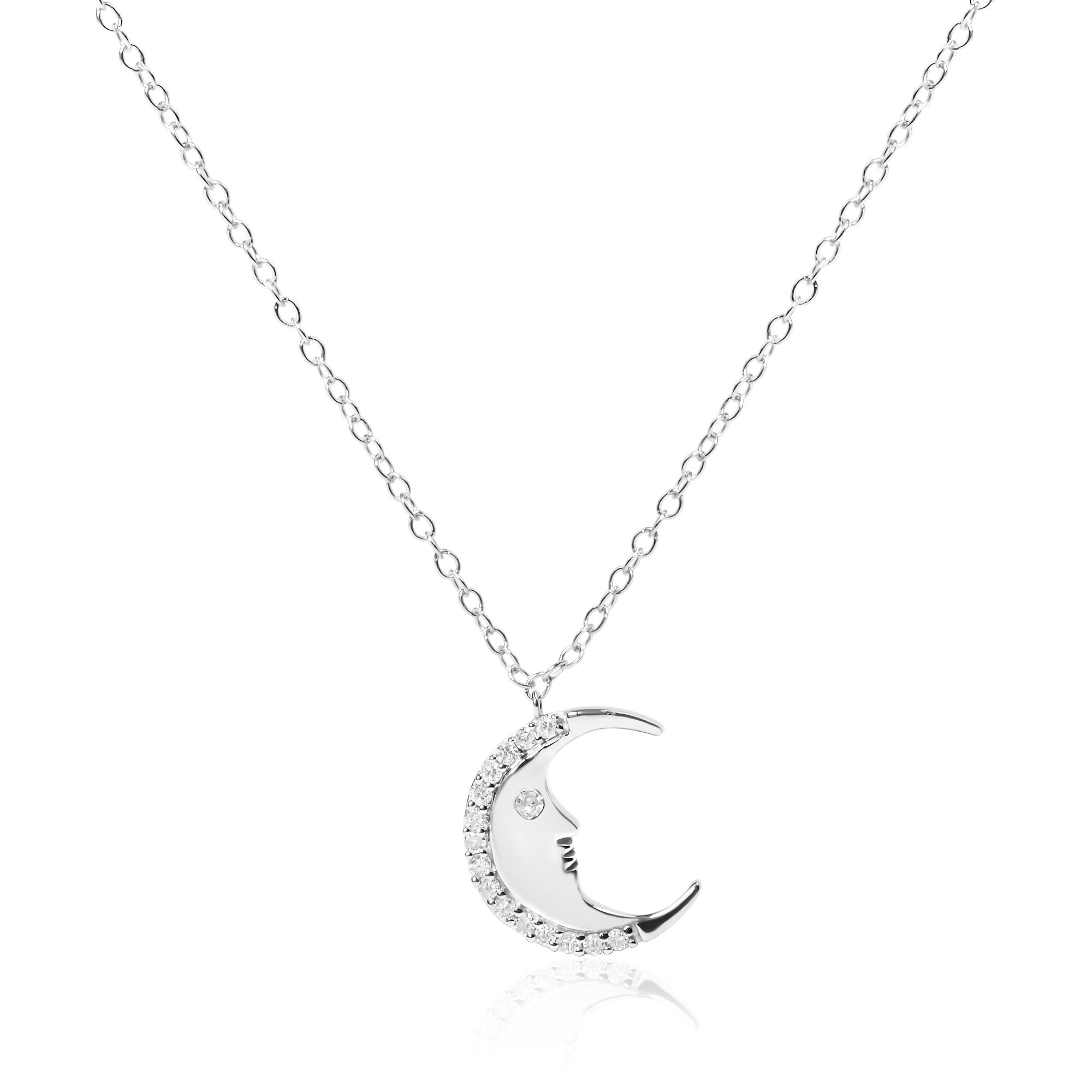 .925 Sterling Silver 1/10ct Diamond Crescent Man on the Moon 18" Pendant Necklace (H-I Color, SI1-SI2 Clarity) - Friggin Jewelry