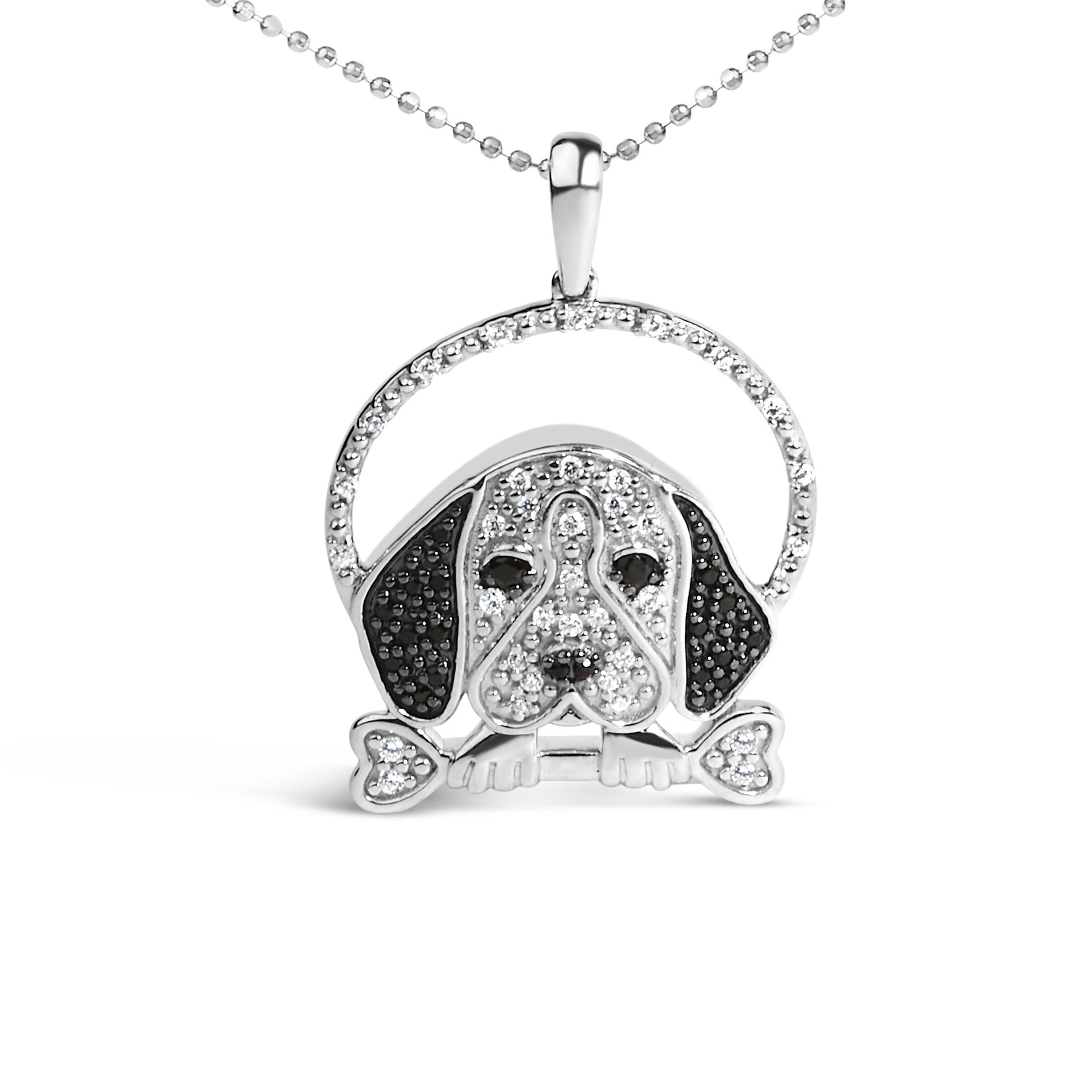 Collana con ciondolo a forma di cane Beagle e osso in argento sterling 925 da 1/4 ct con diamanti bianchi e neri (colore IJ, purezza I2-I3) - 18 pollici - Friggin Jewelry